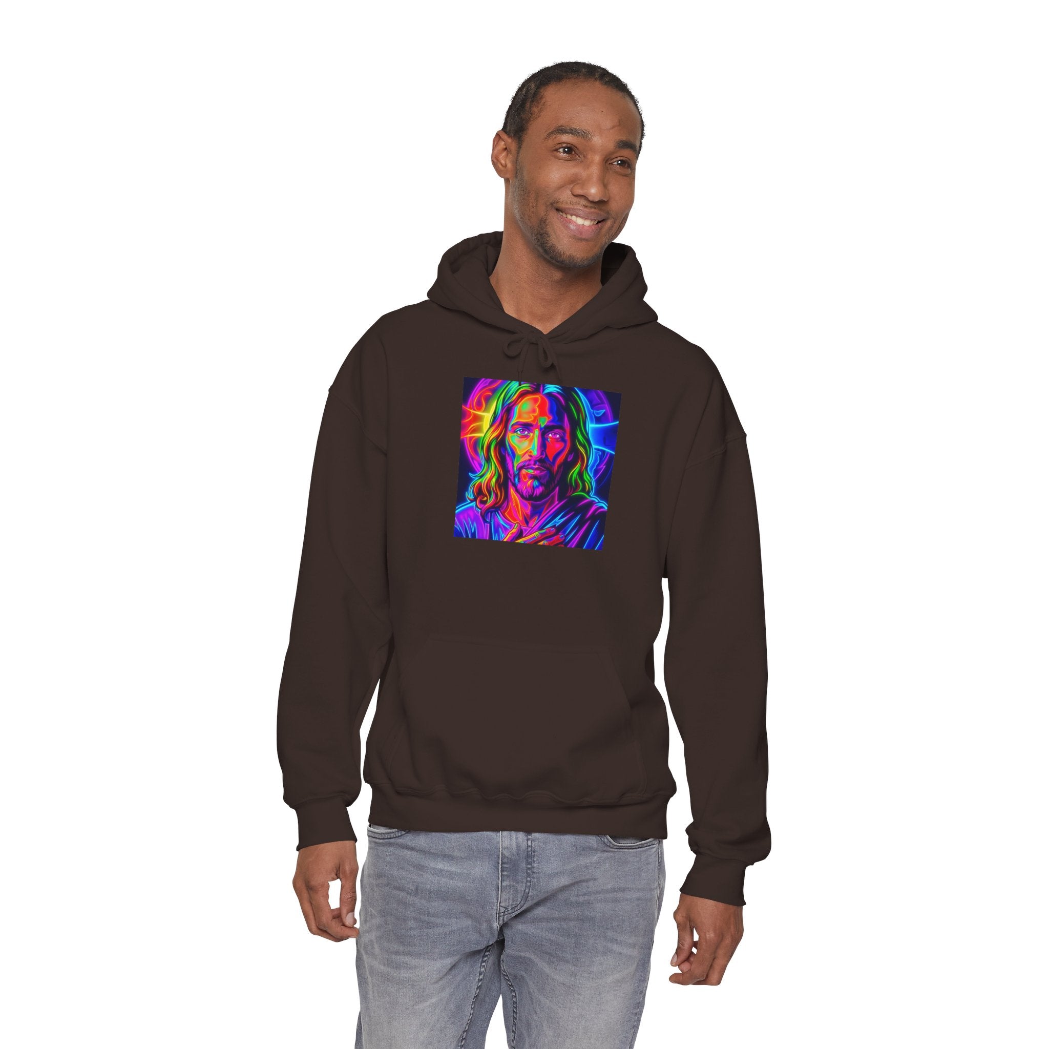 Psychedelic Jesus Portrait Hoodie — Vibrant Rainbow Christian Graphic Sweatshirt