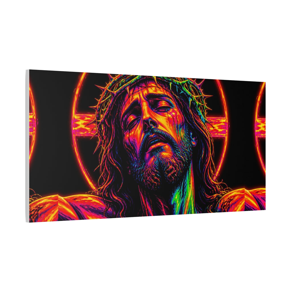 Neon Christ Crucifix Canvas Print — Vibrant Religious Wall Art