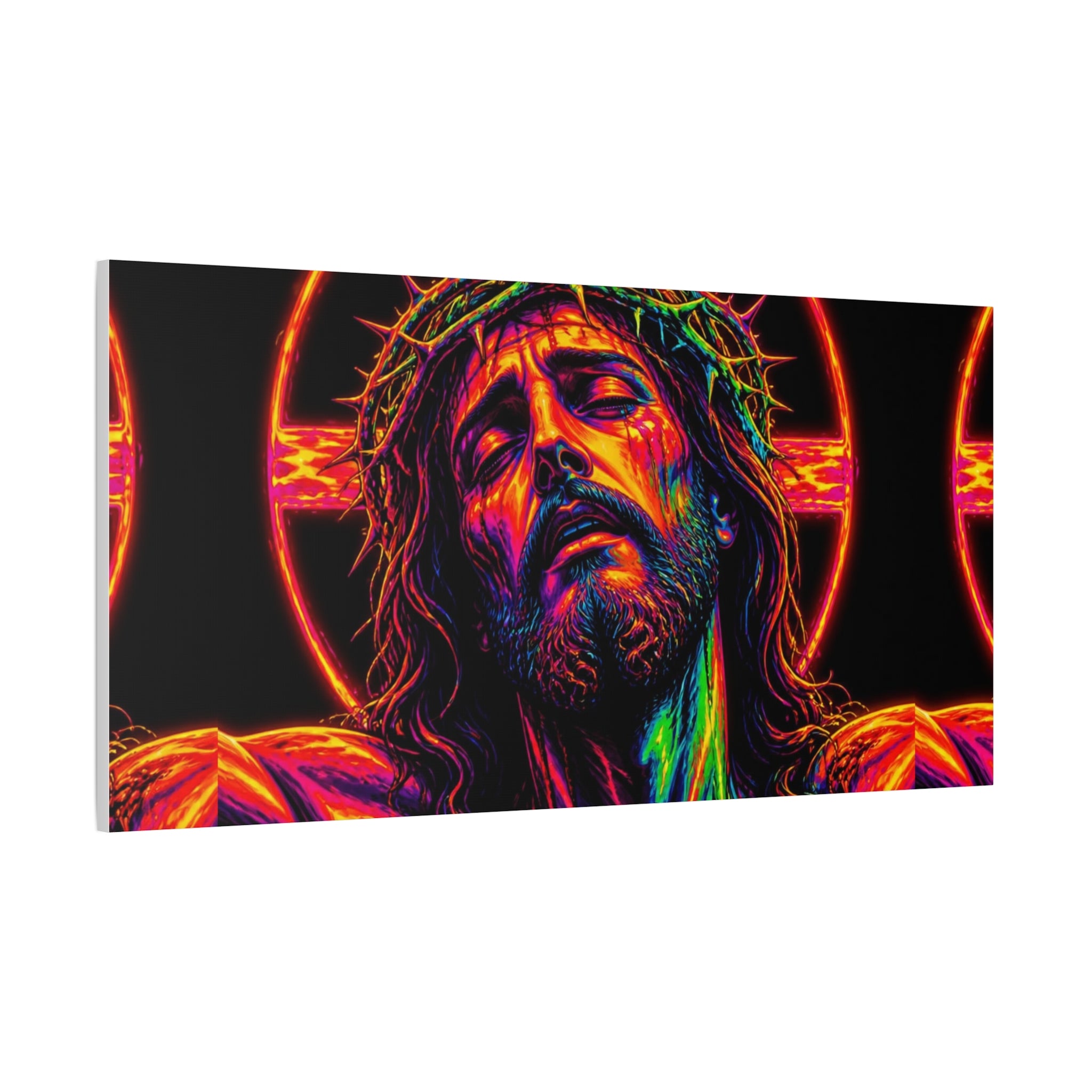 Neon Christ Crucifix Canvas Print — Vibrant Religious Wall Art
