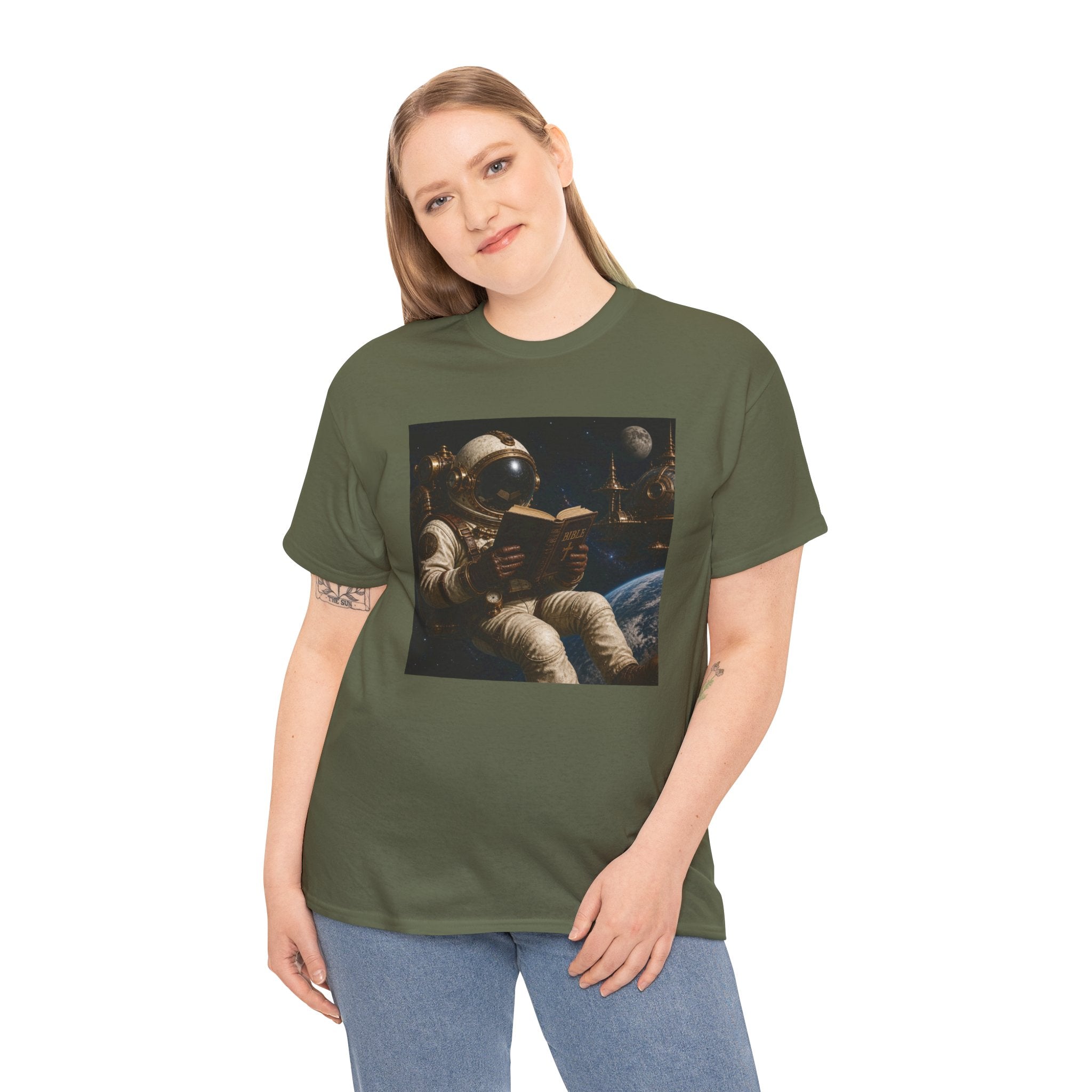 Astronaut Reading Graphic Tee — Spacebook Retro Sci‑Fi T-Shirt - Steampunk