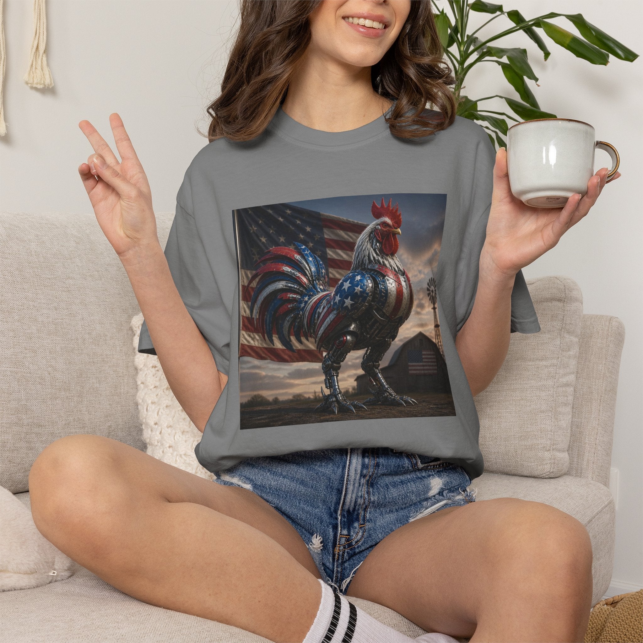 Patriotic Rooster T-Shirt — American Flag Farmhouse Graphic Tee