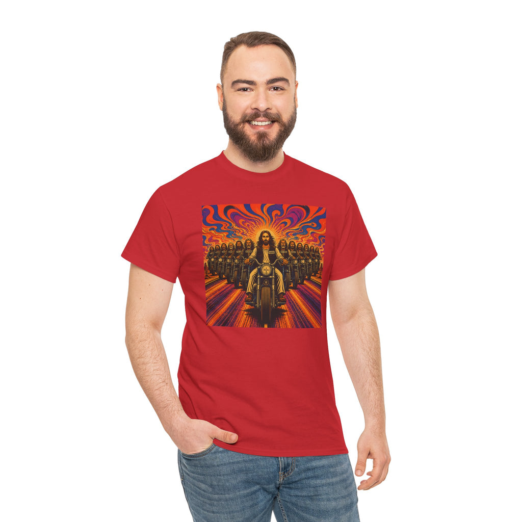 Psychedelic Yashua/Jesus Biker Crew T-Shirt — Retro Jesus Motorcycle Rider Graphic Tee