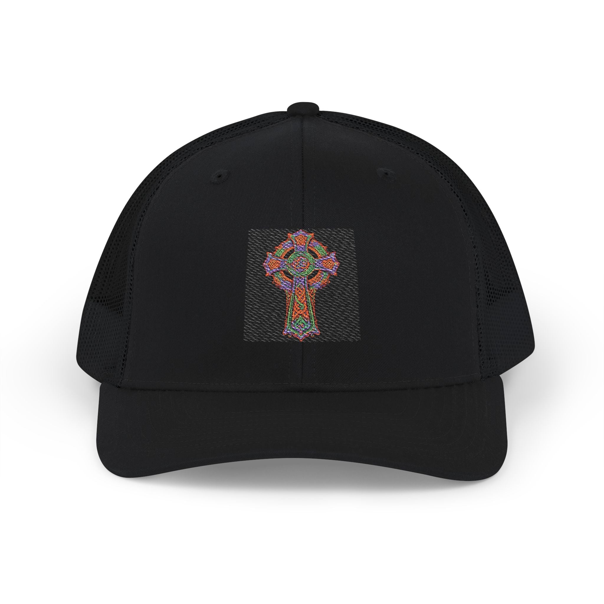 Floral Cross Snapback Trucker Cap — Colorful Mosaic Church Cross Hat