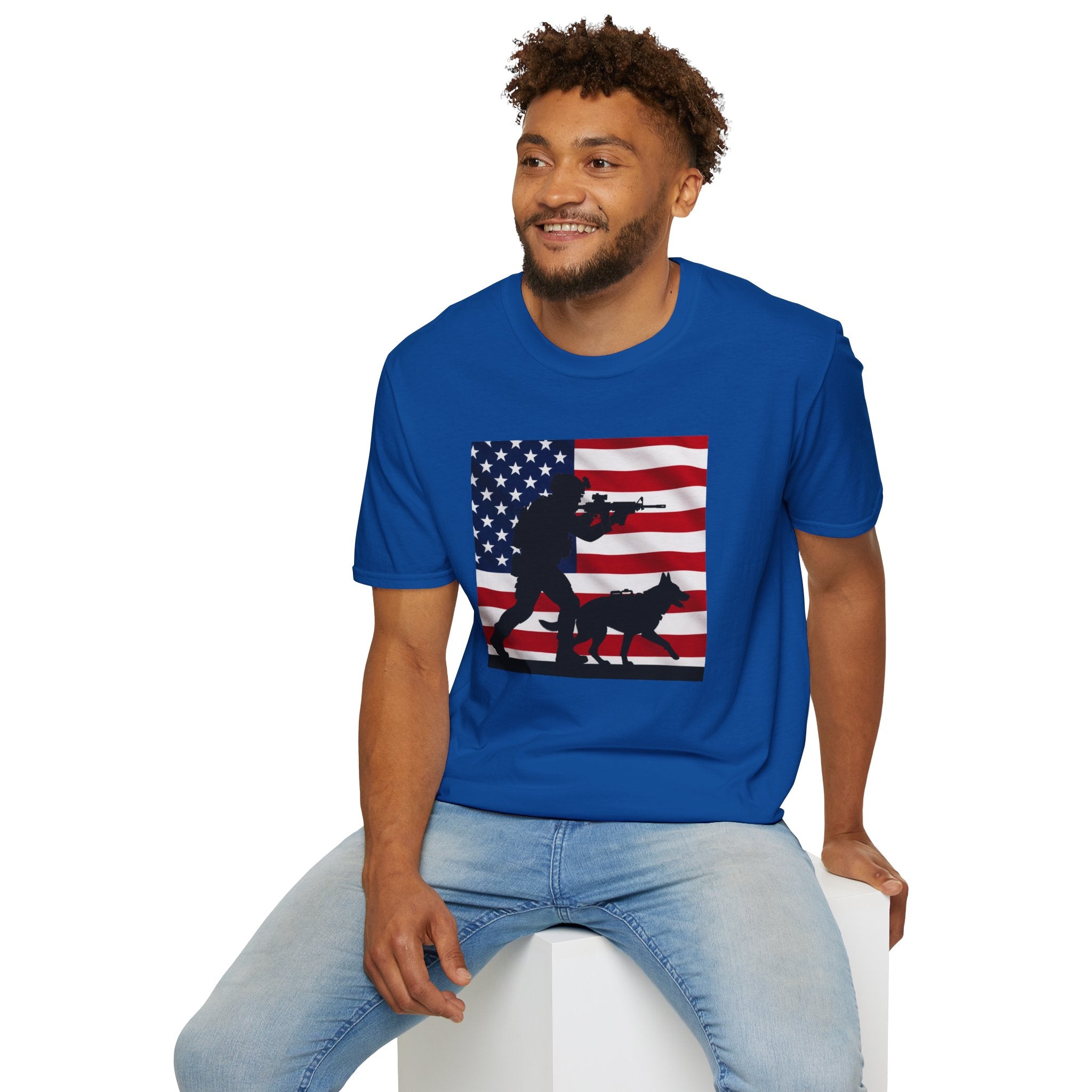 Patriotic K9 Handler T-Shirt — American Flag Soldier with Dog Graphic