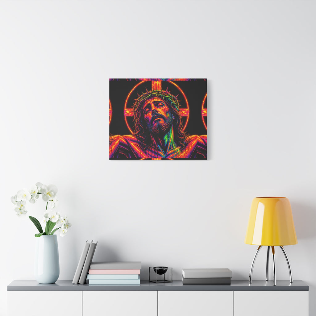 Neon Christ Crucifix Canvas Print — Vibrant Religious Wall Art