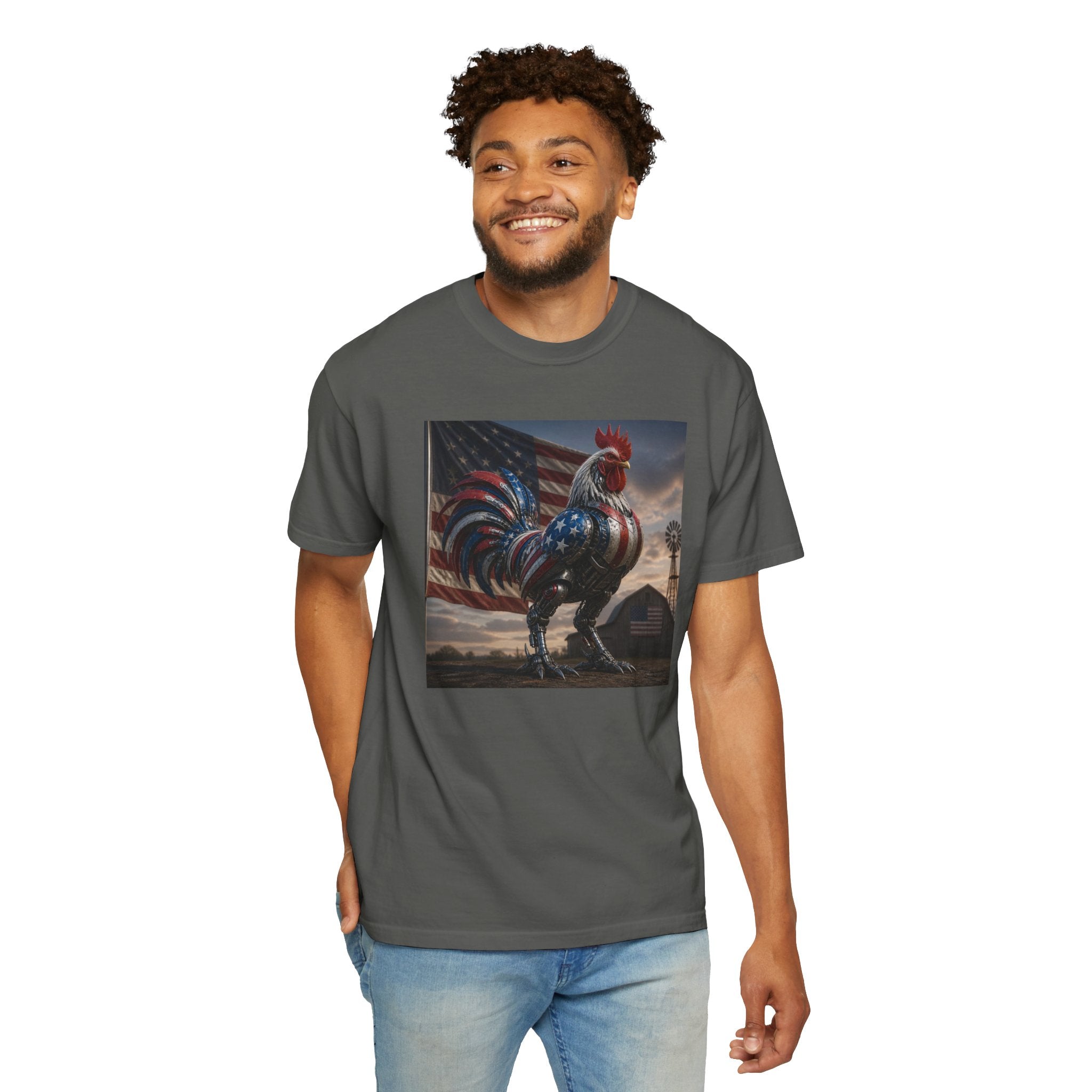 Patriotic Rooster T-Shirt — American Flag Farmhouse Graphic Tee