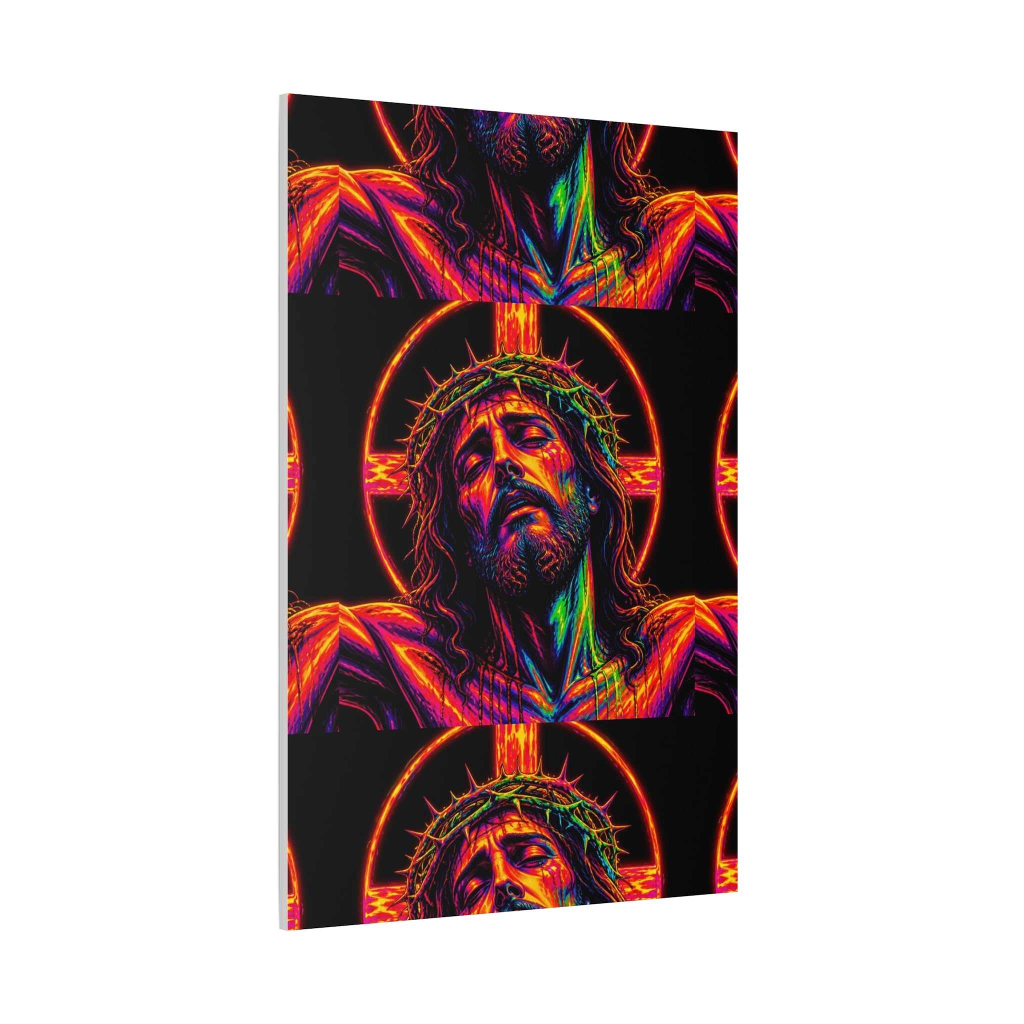 Neon Christ Crucifix Canvas Print — Vibrant Religious Wall Art