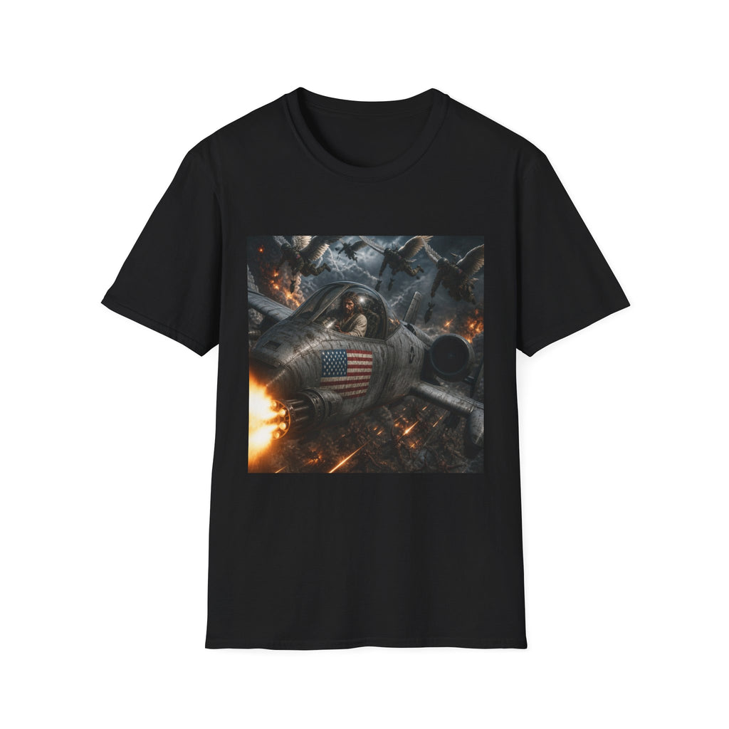 Jesus Military Pilot T‑Shirt — Vintage Jetfighter Scene with American Flag