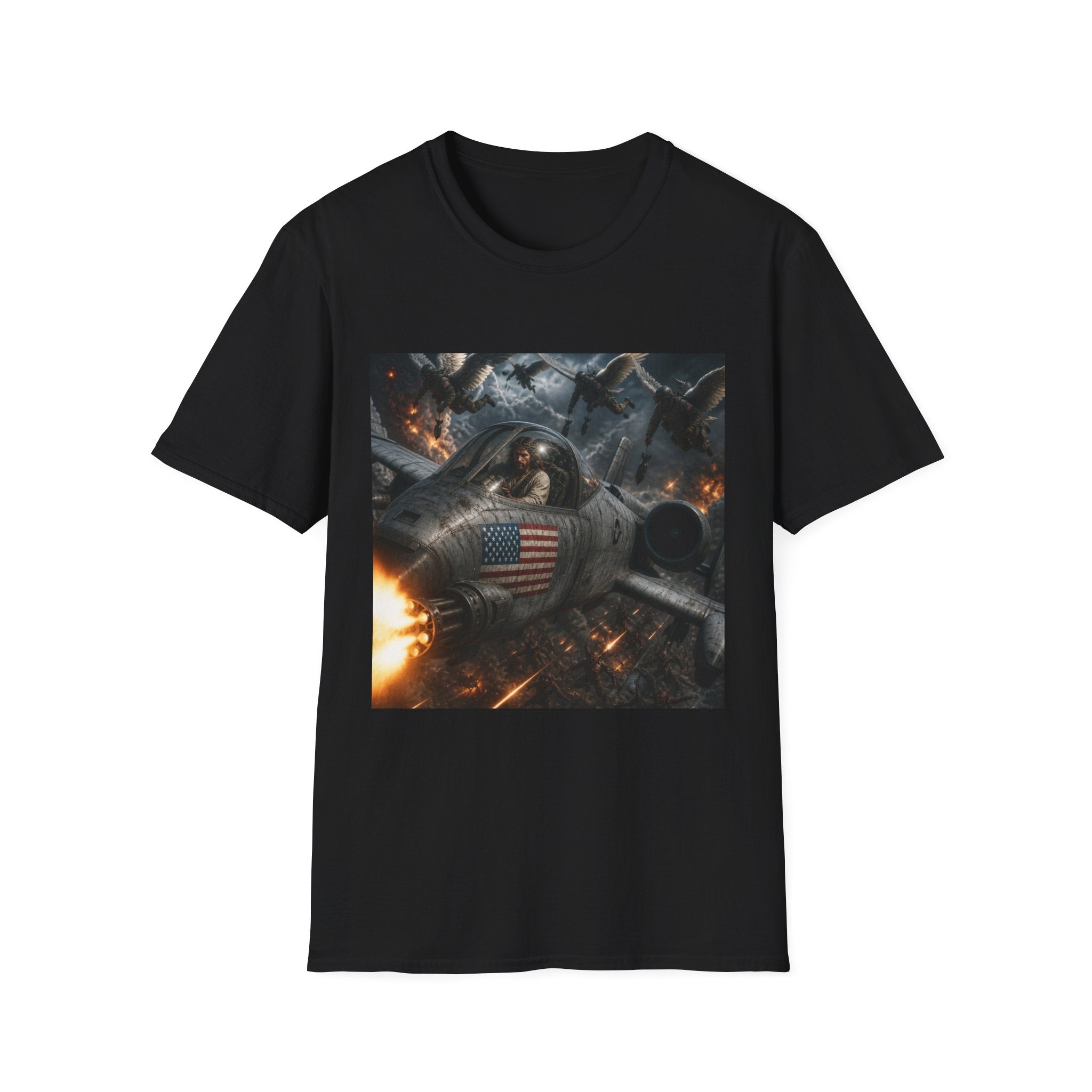 Jesus Military Pilot T‑Shirt — Vintage Jetfighter Scene with American Flag