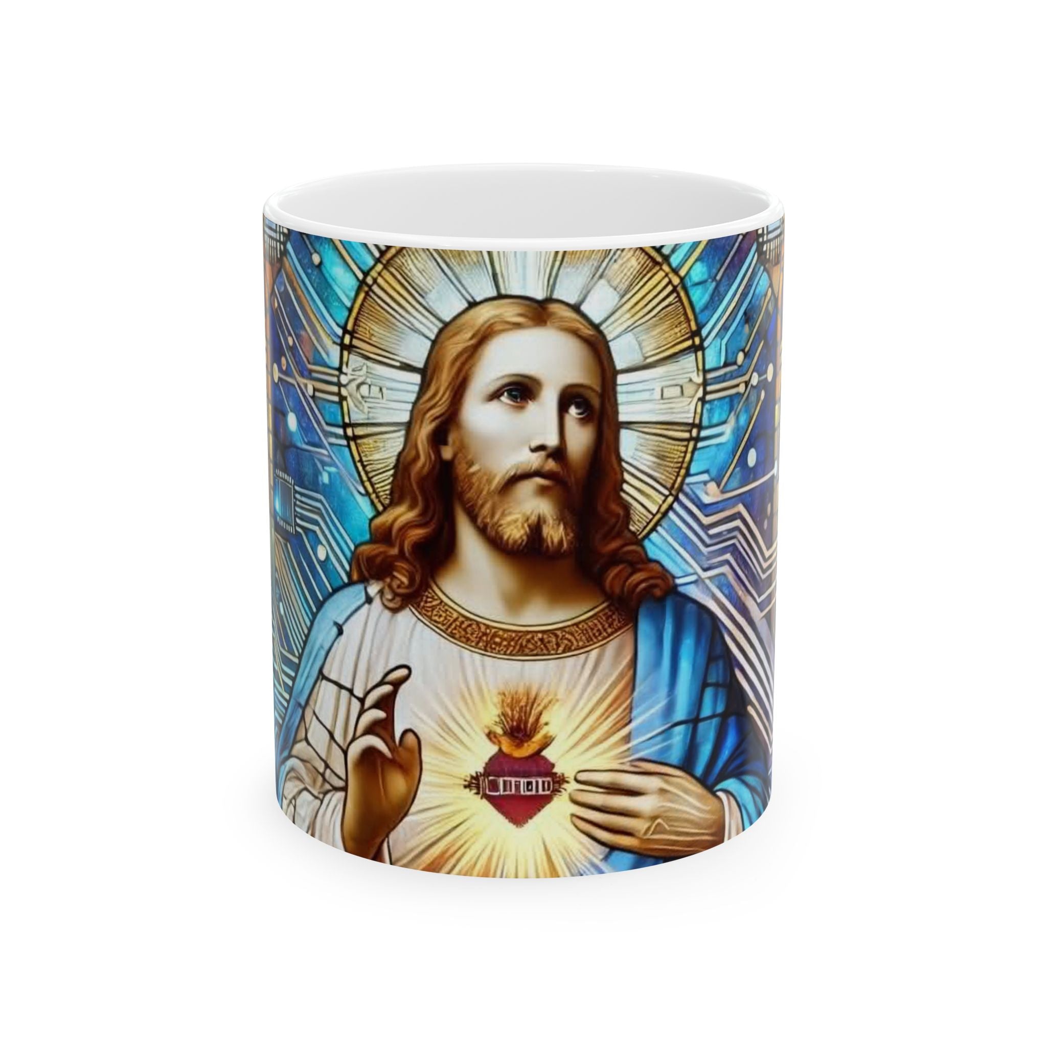 Digital Jesus Ceramic Mug — Religious Christian Coffee Cup (11oz/15oz)