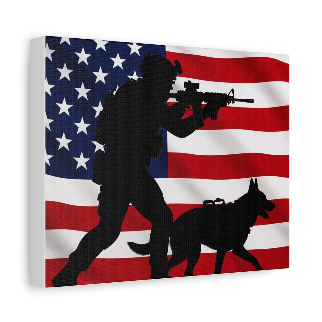 Patriotic Military K9 Canvas Wall Art — Soldier and Dog Silhouette with American Flag