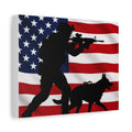 Patriotic Military K9 Canvas Wall Art — Soldier and Dog Silhouette with American Flag