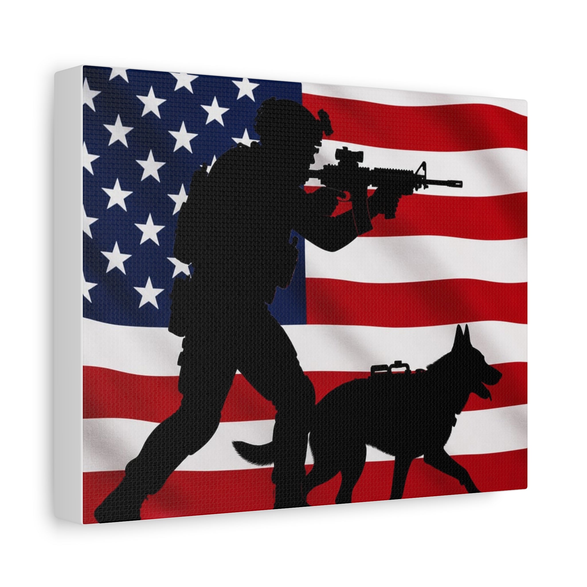 Patriotic Military K9 Canvas Wall Art — Soldier and Dog Silhouette with American Flag