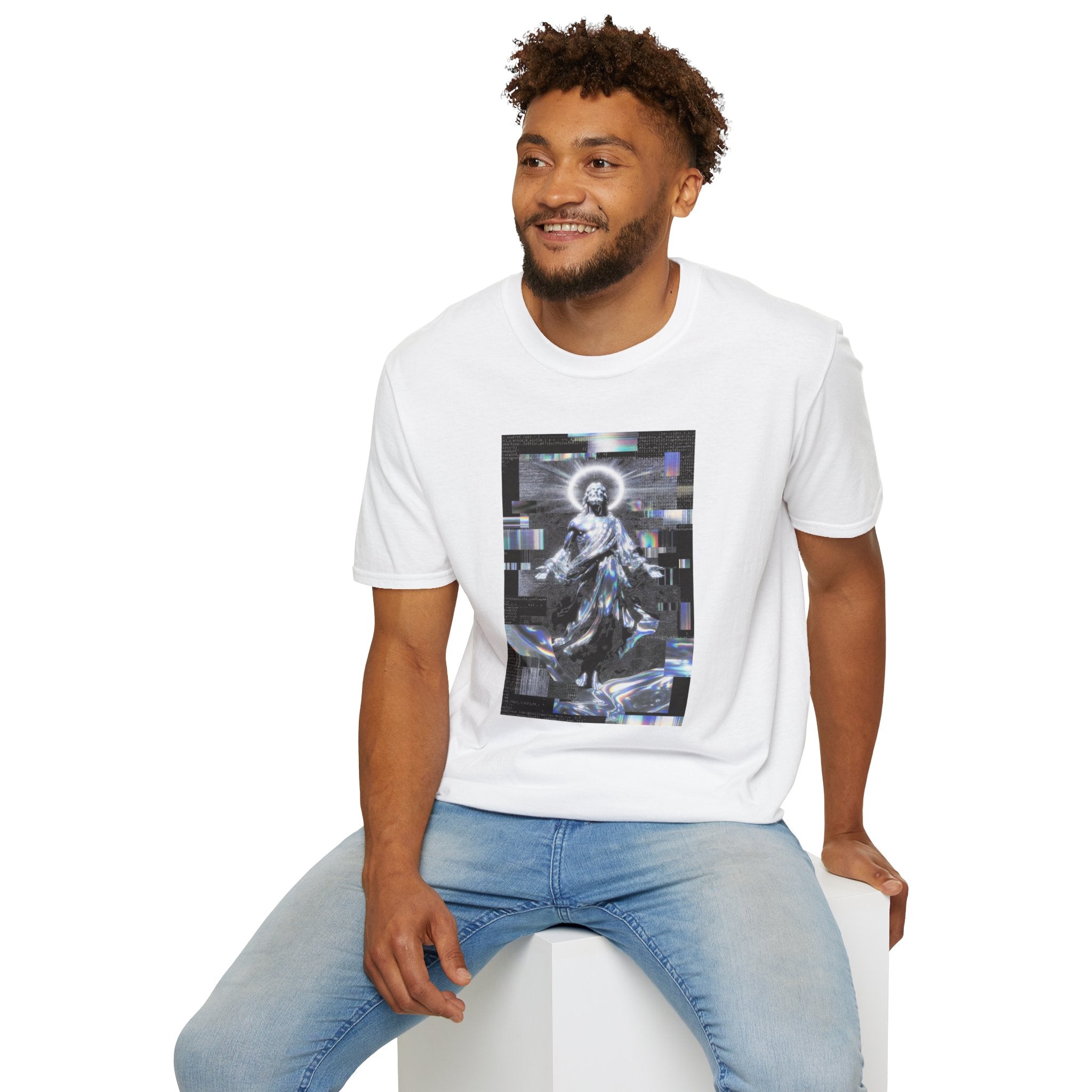 Glitch Halo Jesus T-Shirt — Vintage Religious Retro Digital Art Tee