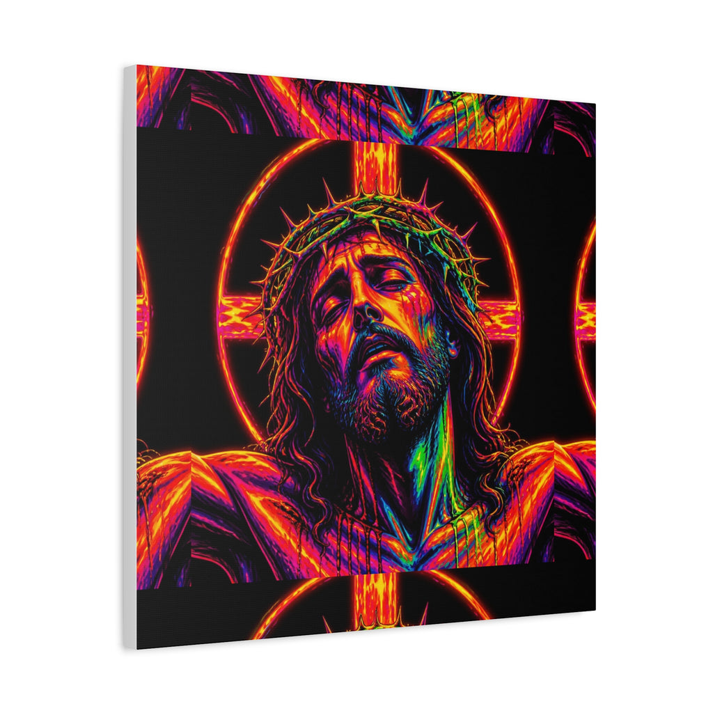 Neon Christ Crucifix Canvas Print — Vibrant Religious Wall Art