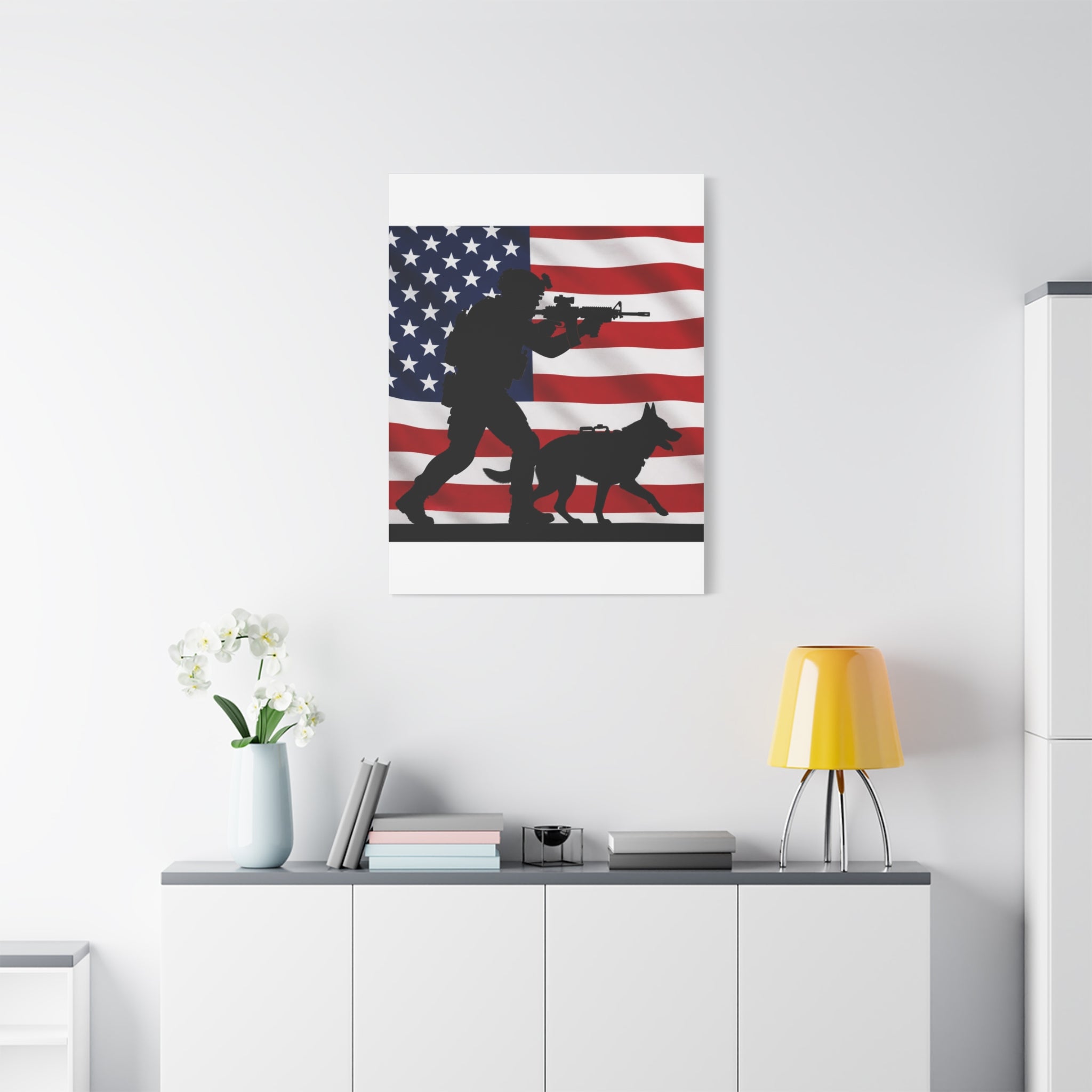 Patriotic Military K9 Canvas Wall Art — Soldier and Dog Silhouette with American Flag