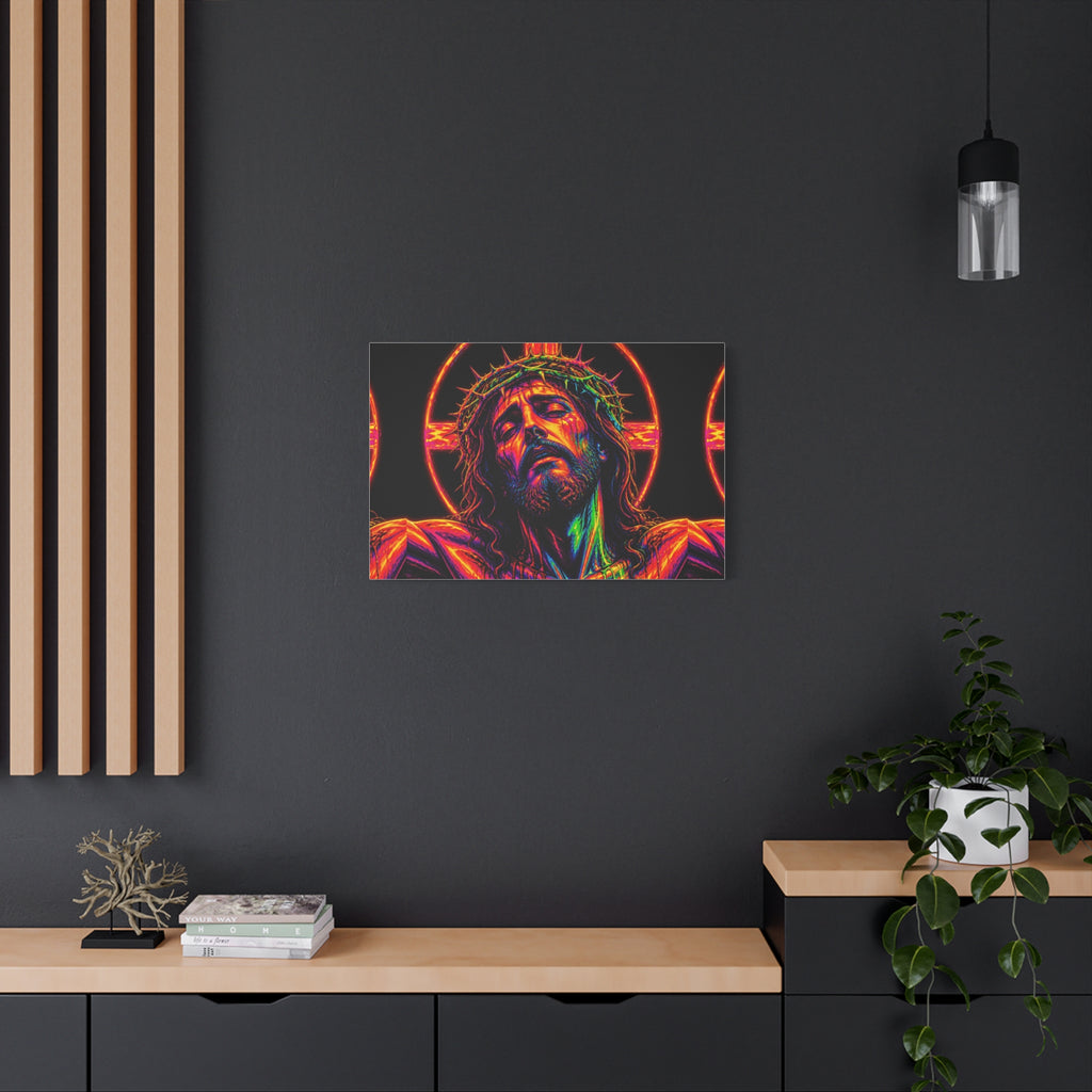 Neon Christ Crucifix Canvas Print — Vibrant Religious Wall Art