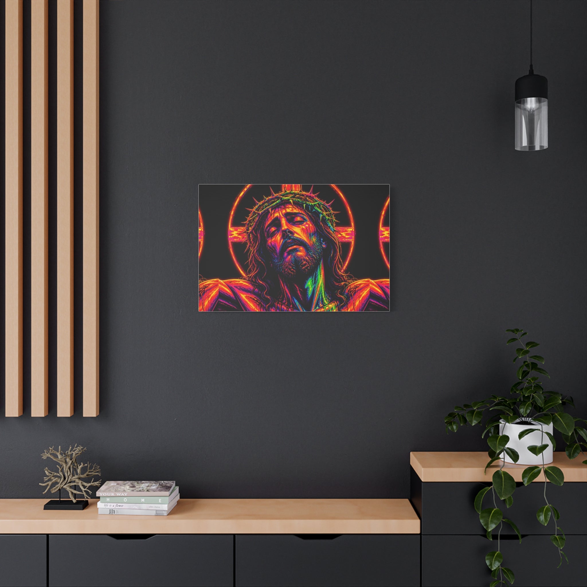 Neon Christ Crucifix Canvas Print — Vibrant Religious Wall Art