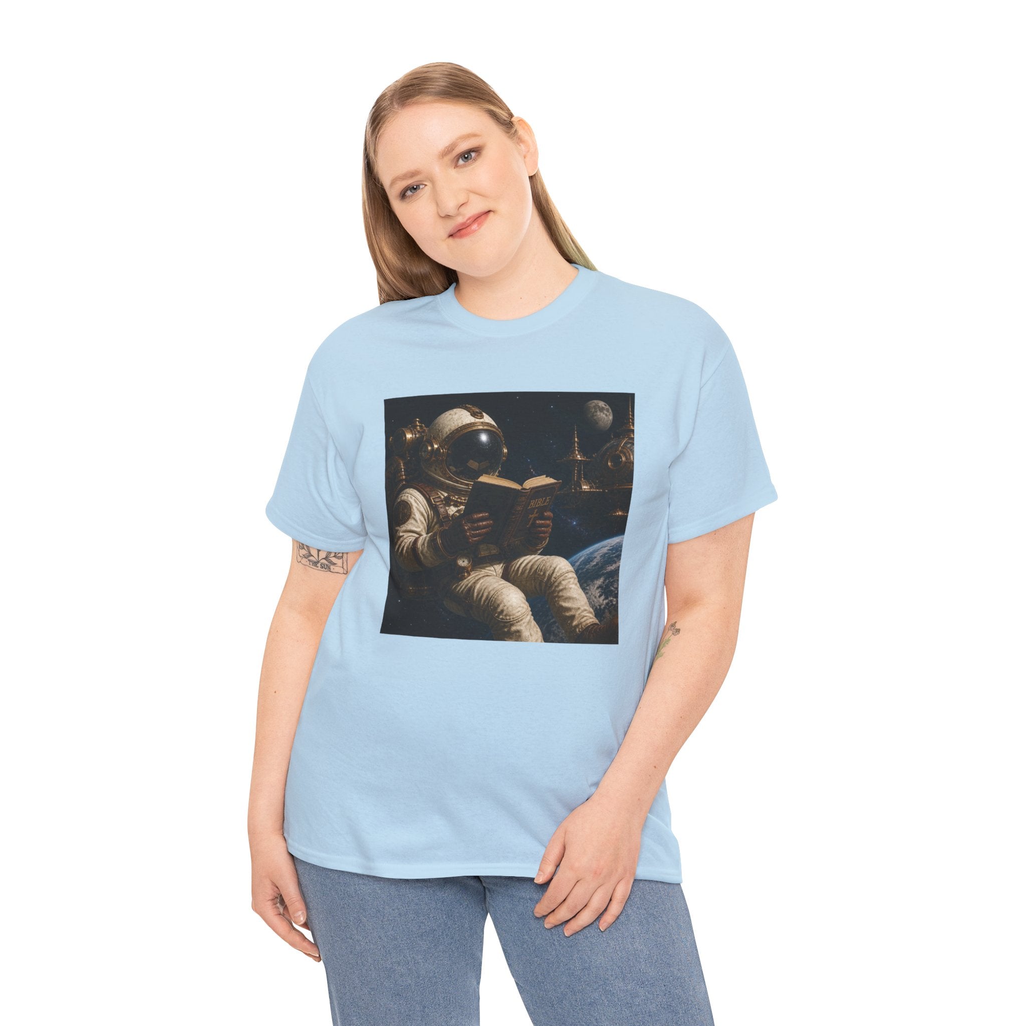 Astronaut Reading Graphic Tee — Spacebook Retro Sci‑Fi T-Shirt - Steampunk