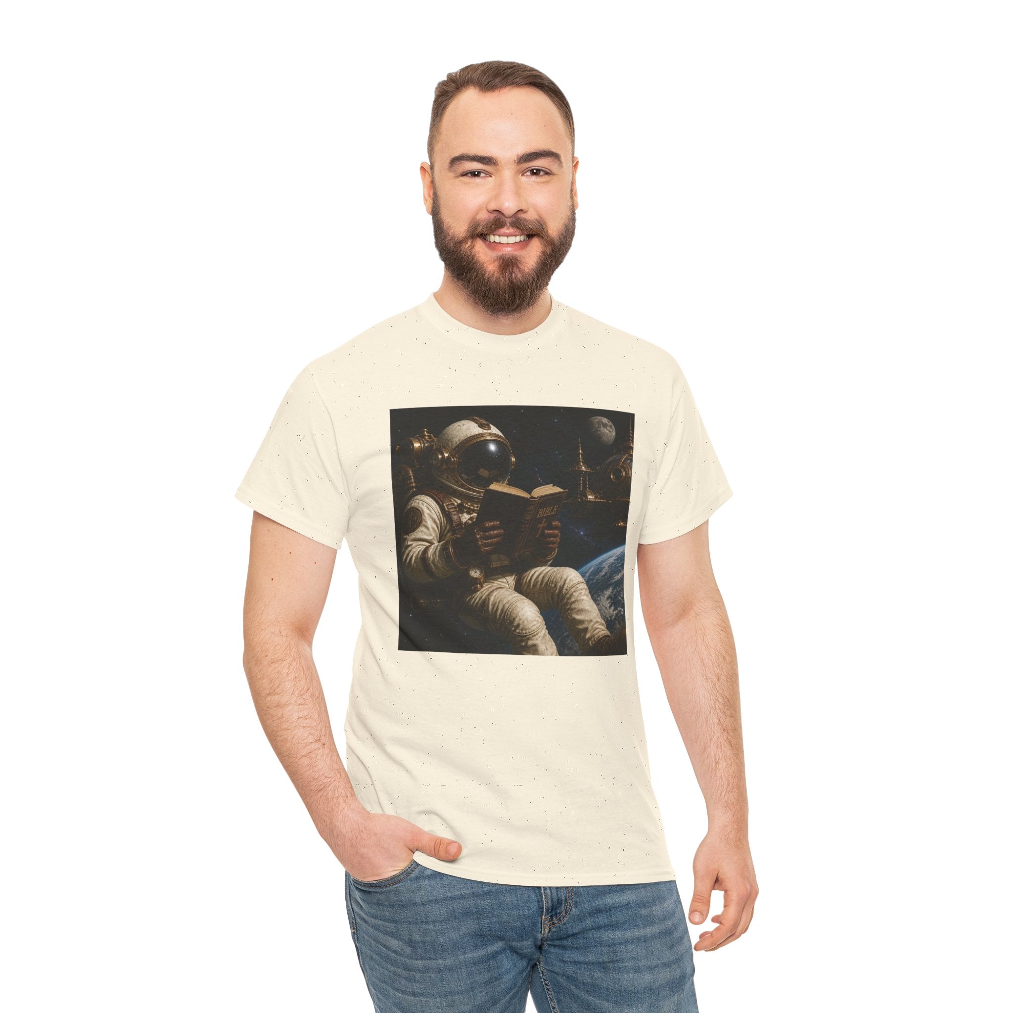 Astronaut Reading Graphic Tee — Spacebook Retro Sci‑Fi T-Shirt - Steampunk
