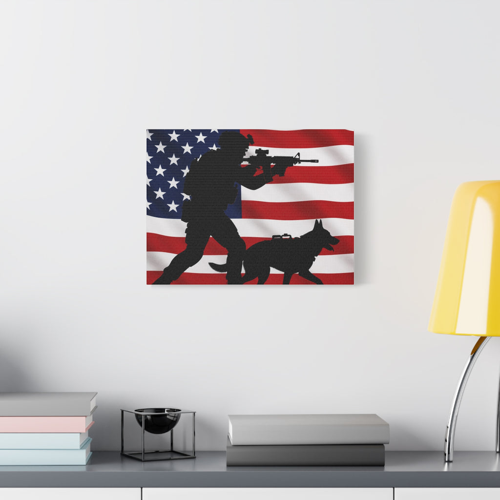 Patriotic Military K9 Canvas Wall Art — Soldier and Dog Silhouette with American Flag