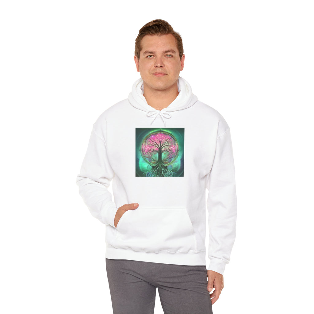 Tree of Life Hoodie — Vibrant Pink & Teal Spiritual Graphic Hooded Sweatshirt