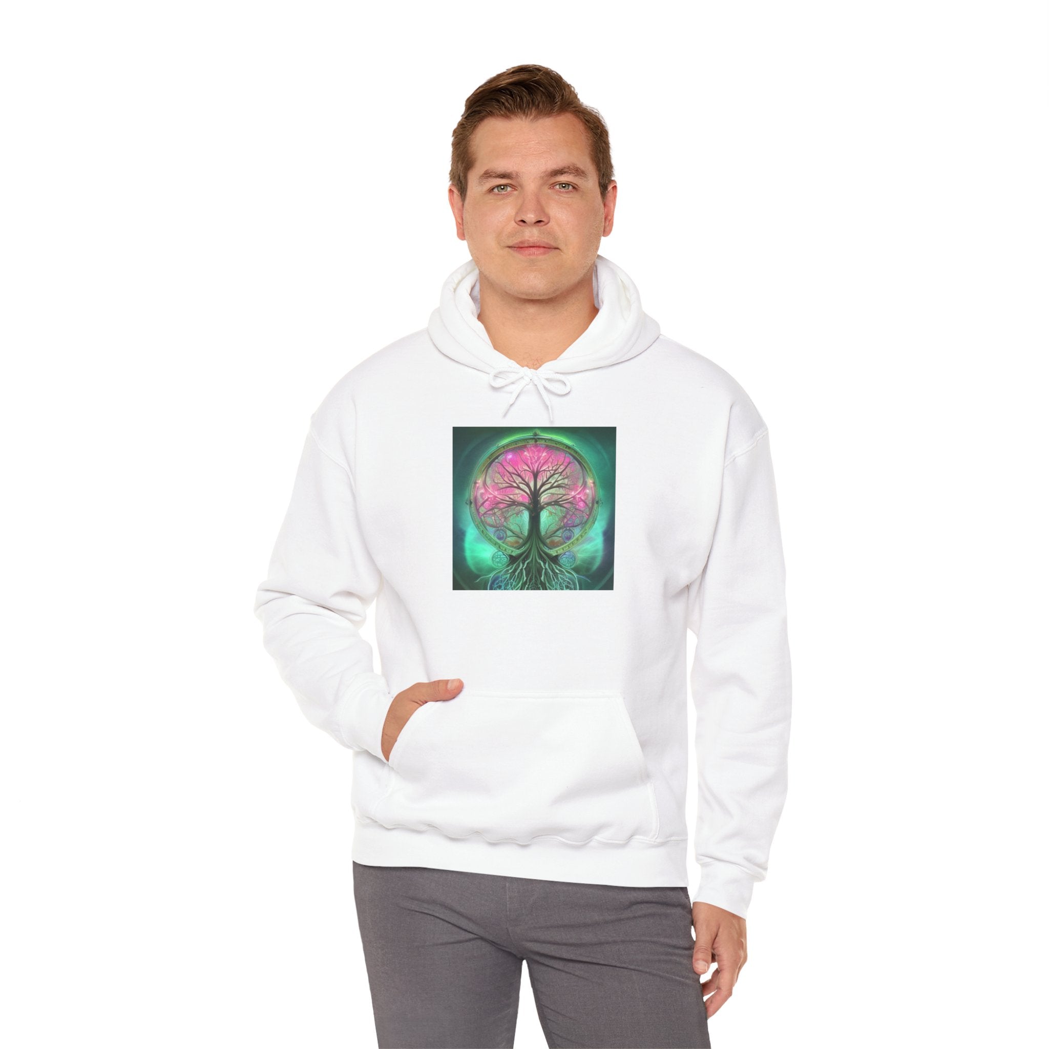 Tree of Life Hoodie — Vibrant Pink & Teal Spiritual Graphic Hooded Sweatshirt
