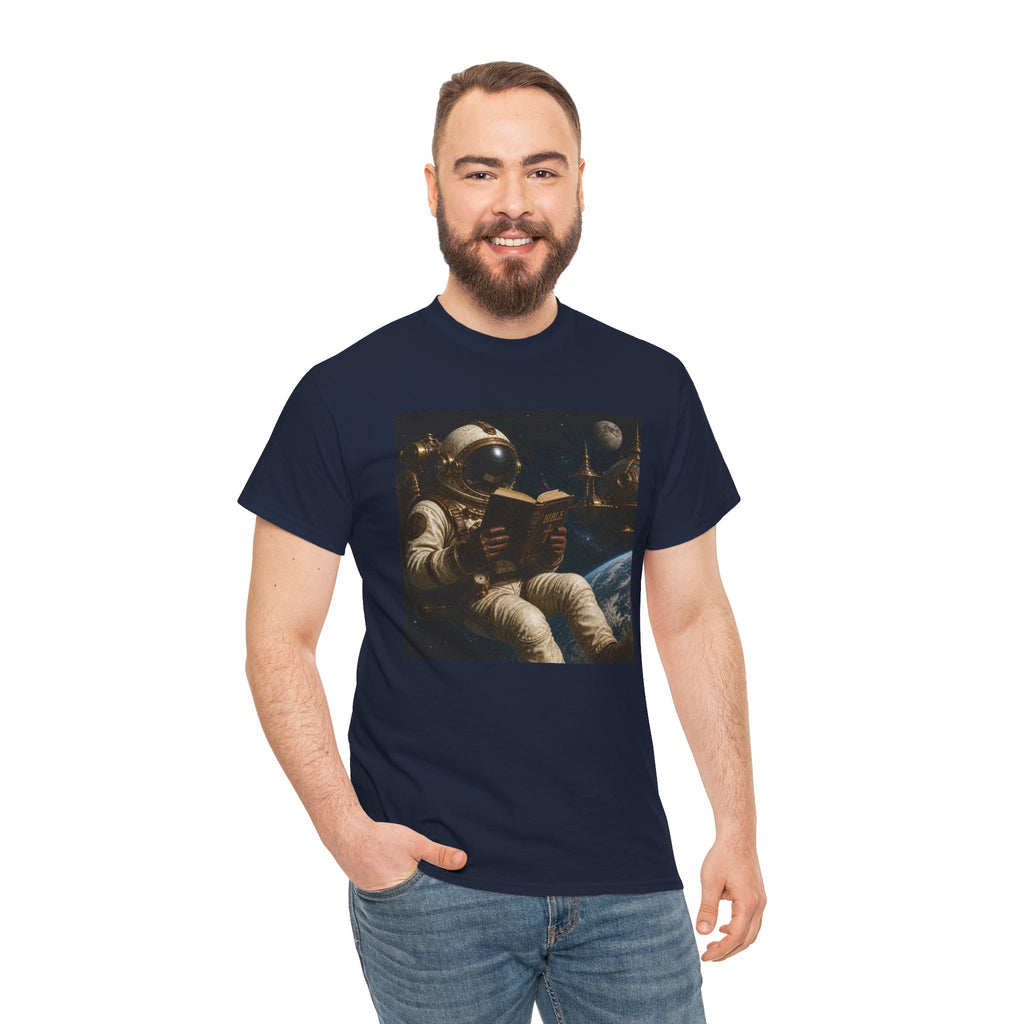 Astronaut Reading Graphic Tee — Spacebook Retro Sci‑Fi T-Shirt - Steampunk