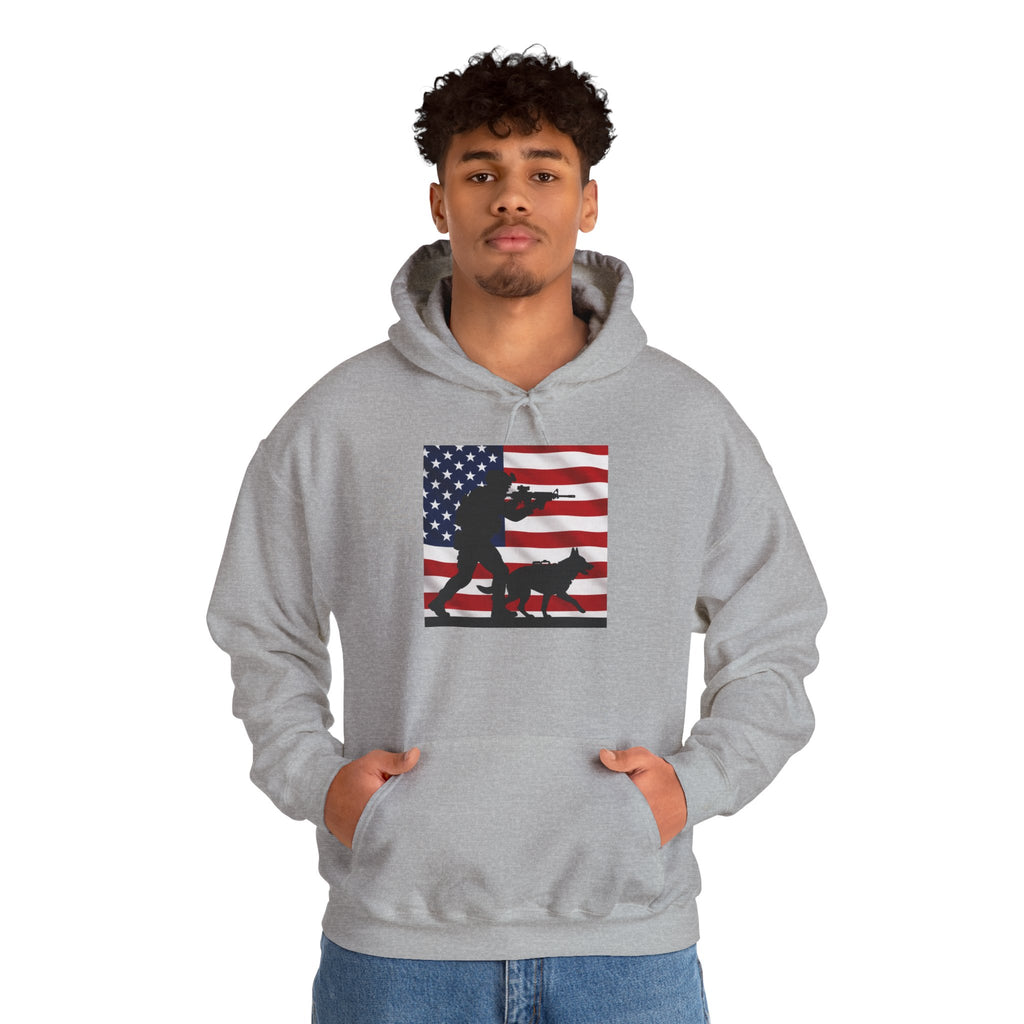 American K9 Handler Hoodie — US Flag Dog Silhouette Patriotic Sweatshirt