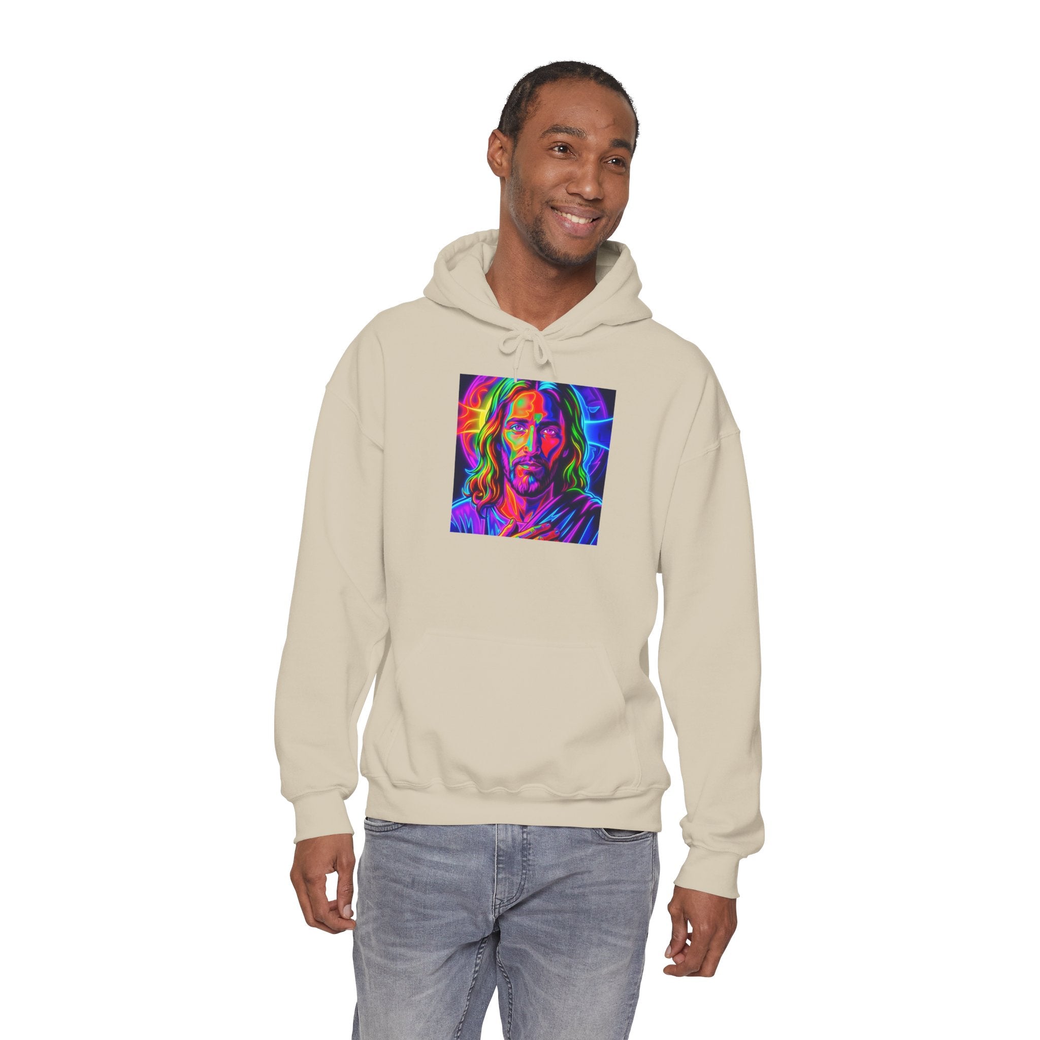 Psychedelic Jesus Portrait Hoodie — Vibrant Rainbow Christian Graphic Sweatshirt