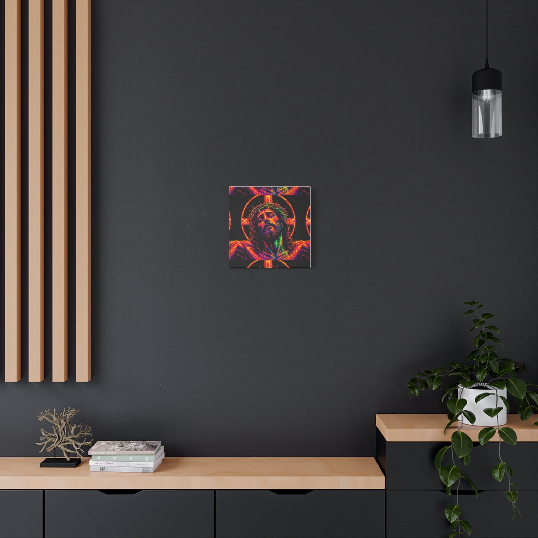 Neon Christ Crucifix Canvas Print — Vibrant Religious Wall Art