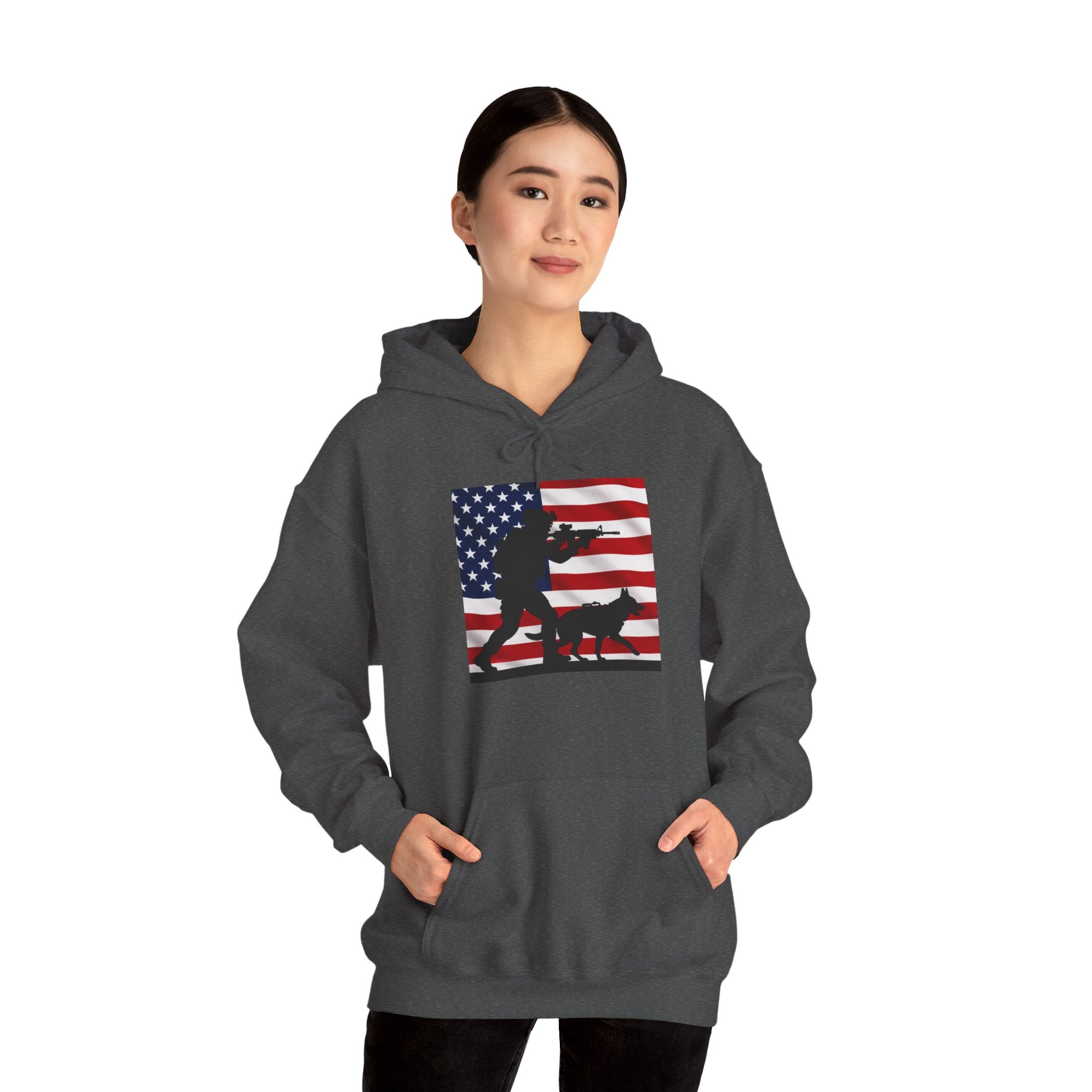American K9 Handler Hoodie — US Flag Dog Silhouette Patriotic Sweatshirt