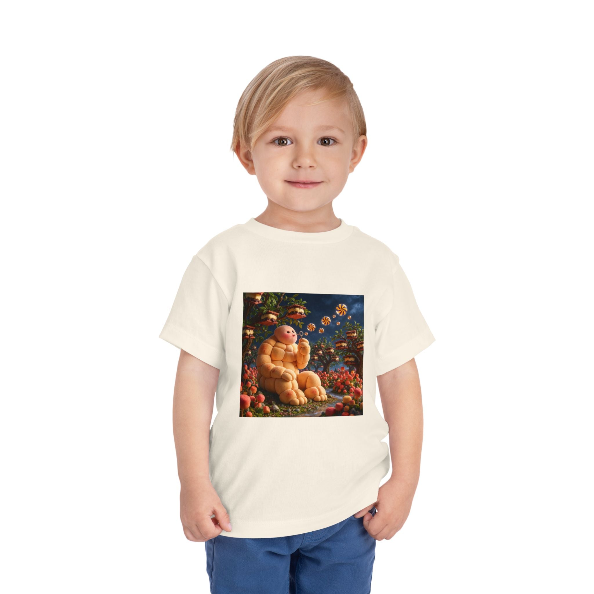 Toddler Tee — Cute Chubby Creature in Flower Garden Kids Shirt-Marshmallow Man