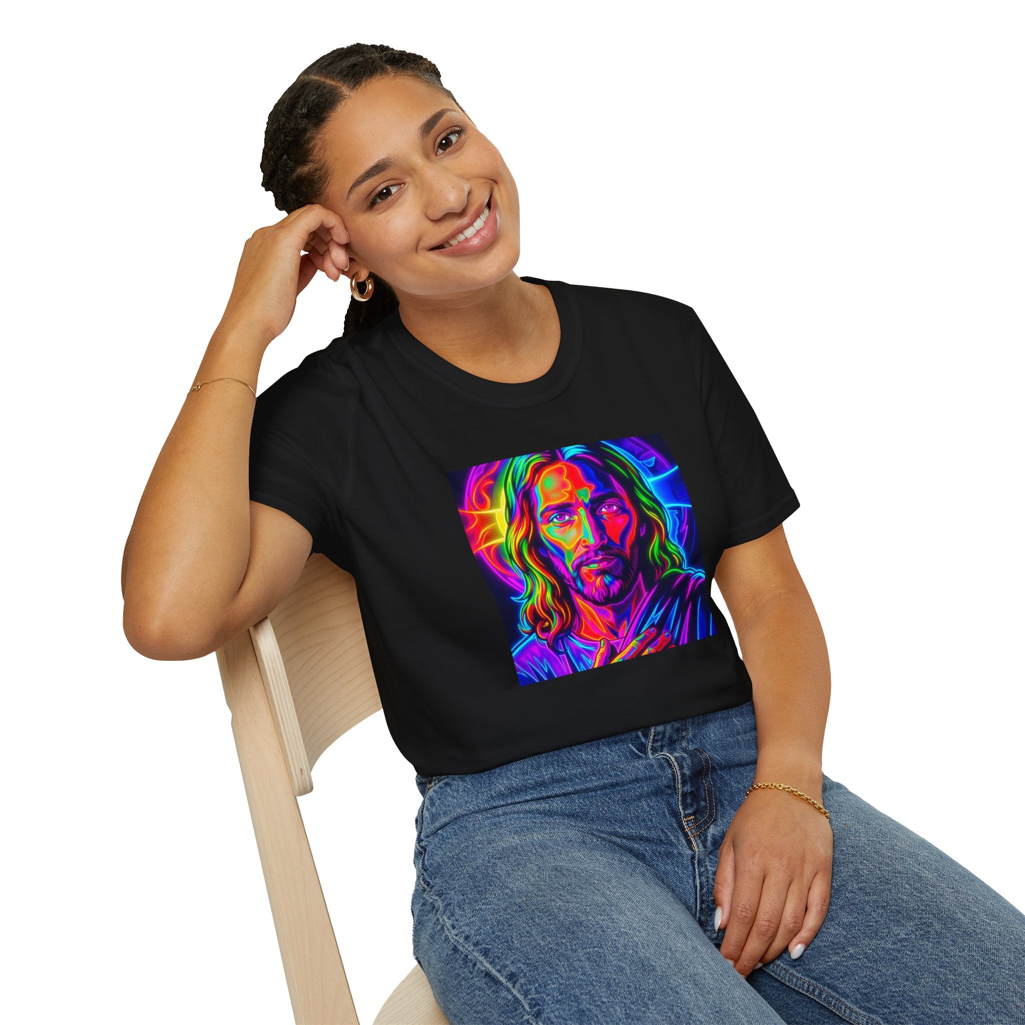 Jesus Portrait T-Shirt — Vibrant Neon Christian Art Tee