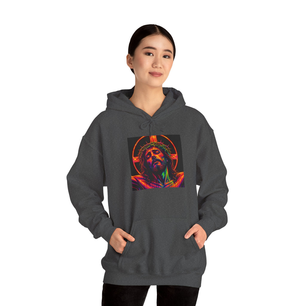 Jesus Portrait Hoodie — Neon Sacred Heart Graphic Hooded Sweatshirt