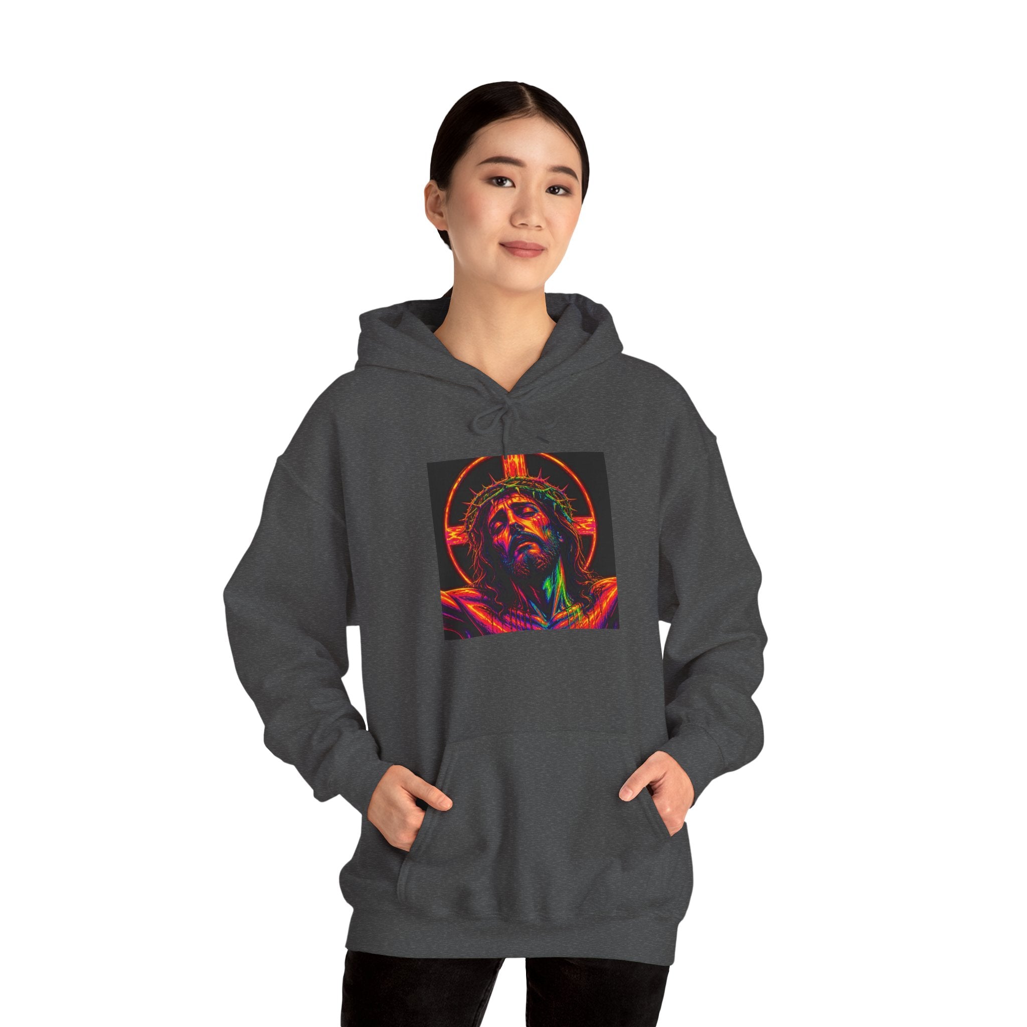 Jesus Portrait Hoodie — Neon Sacred Heart Graphic Hooded Sweatshirt