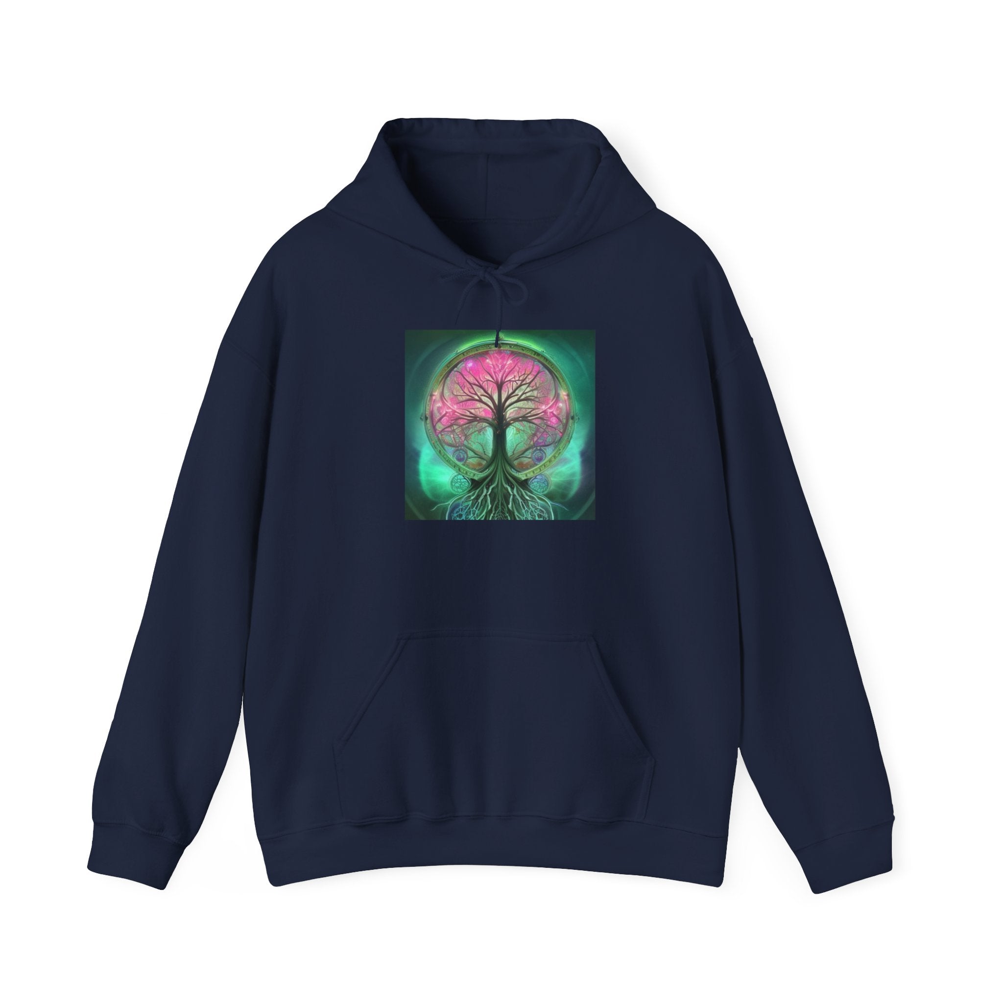 Tree of Life Hoodie — Vibrant Pink & Teal Spiritual Graphic Hooded Sweatshirt