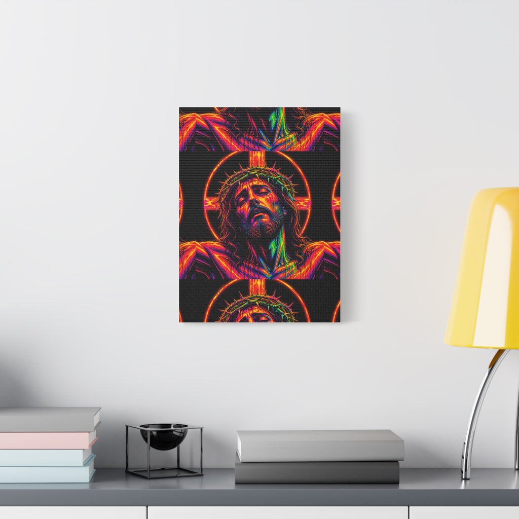 Neon Christ Crucifix Canvas Print — Vibrant Religious Wall Art