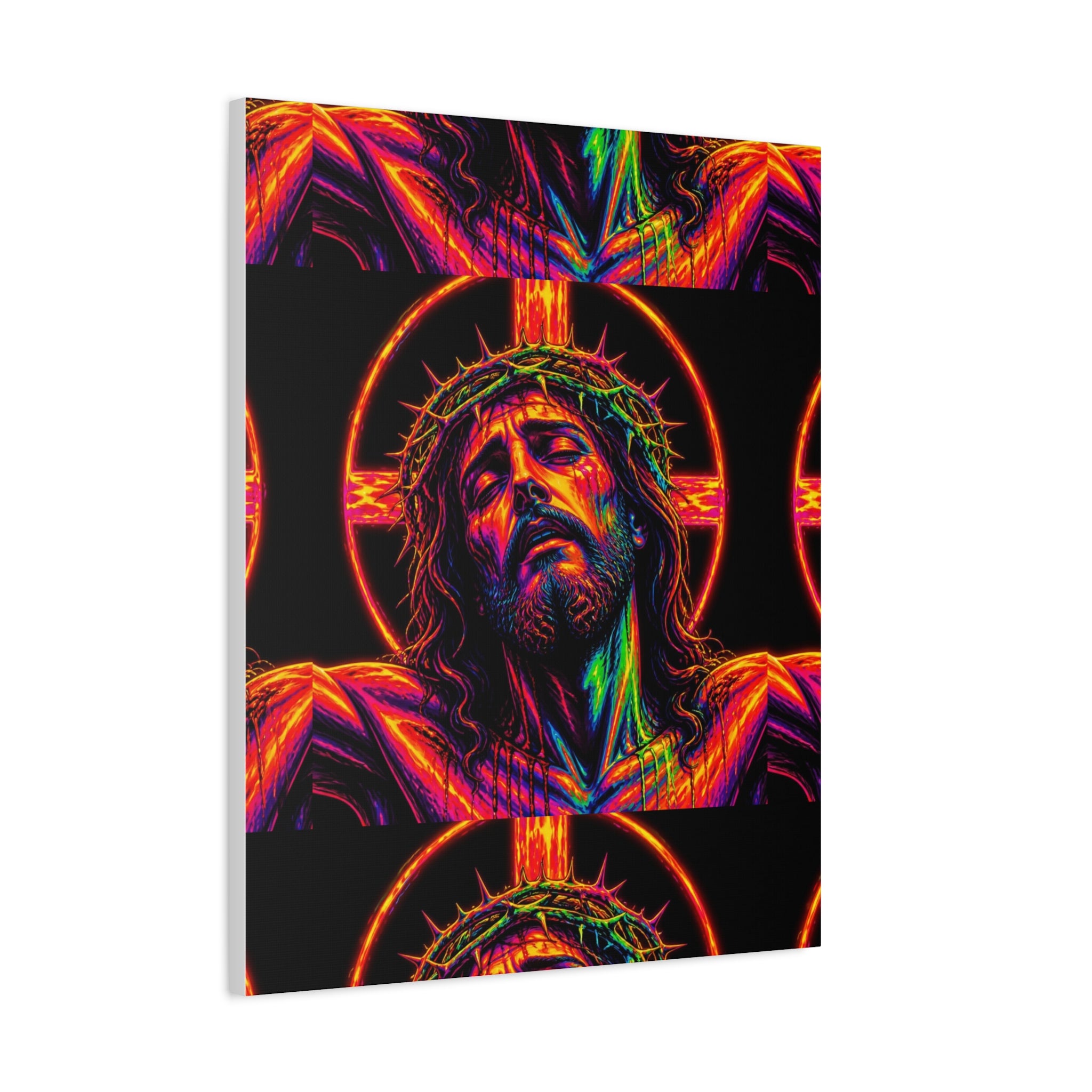Neon Christ Crucifix Canvas Print — Vibrant Religious Wall Art
