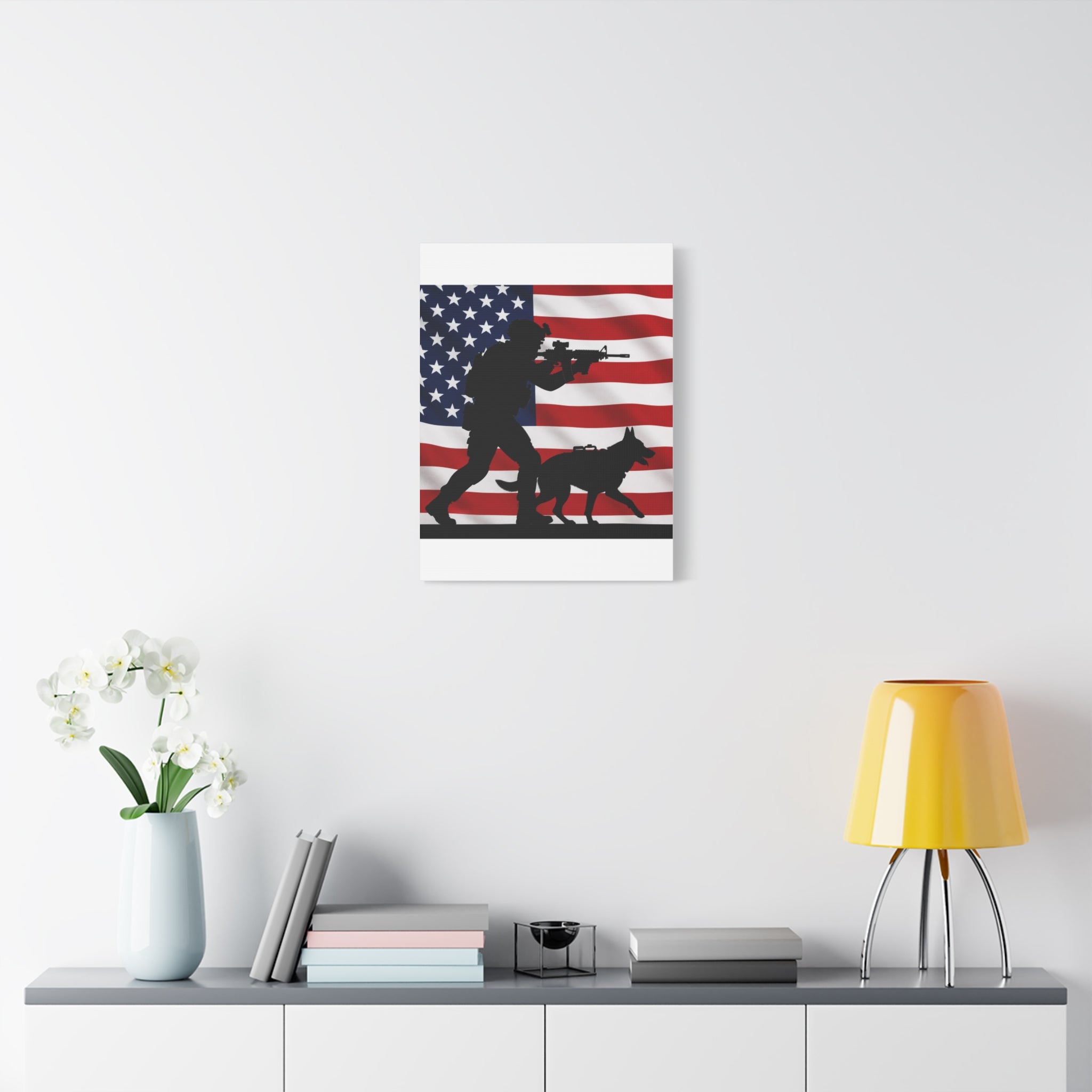Patriotic Military K9 Canvas Wall Art — Soldier and Dog Silhouette with American Flag