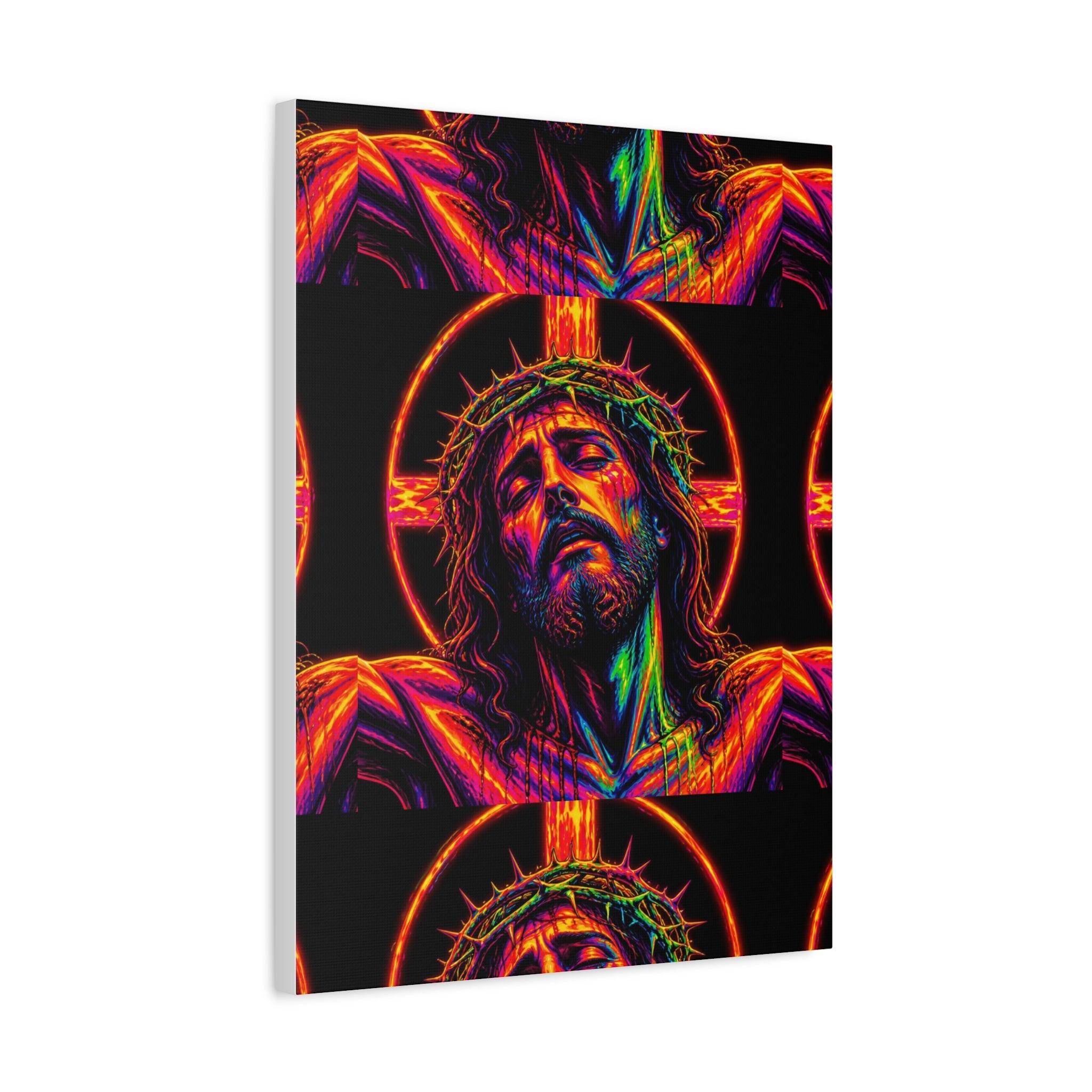 Neon Christ Crucifix Canvas Print — Vibrant Religious Wall Art
