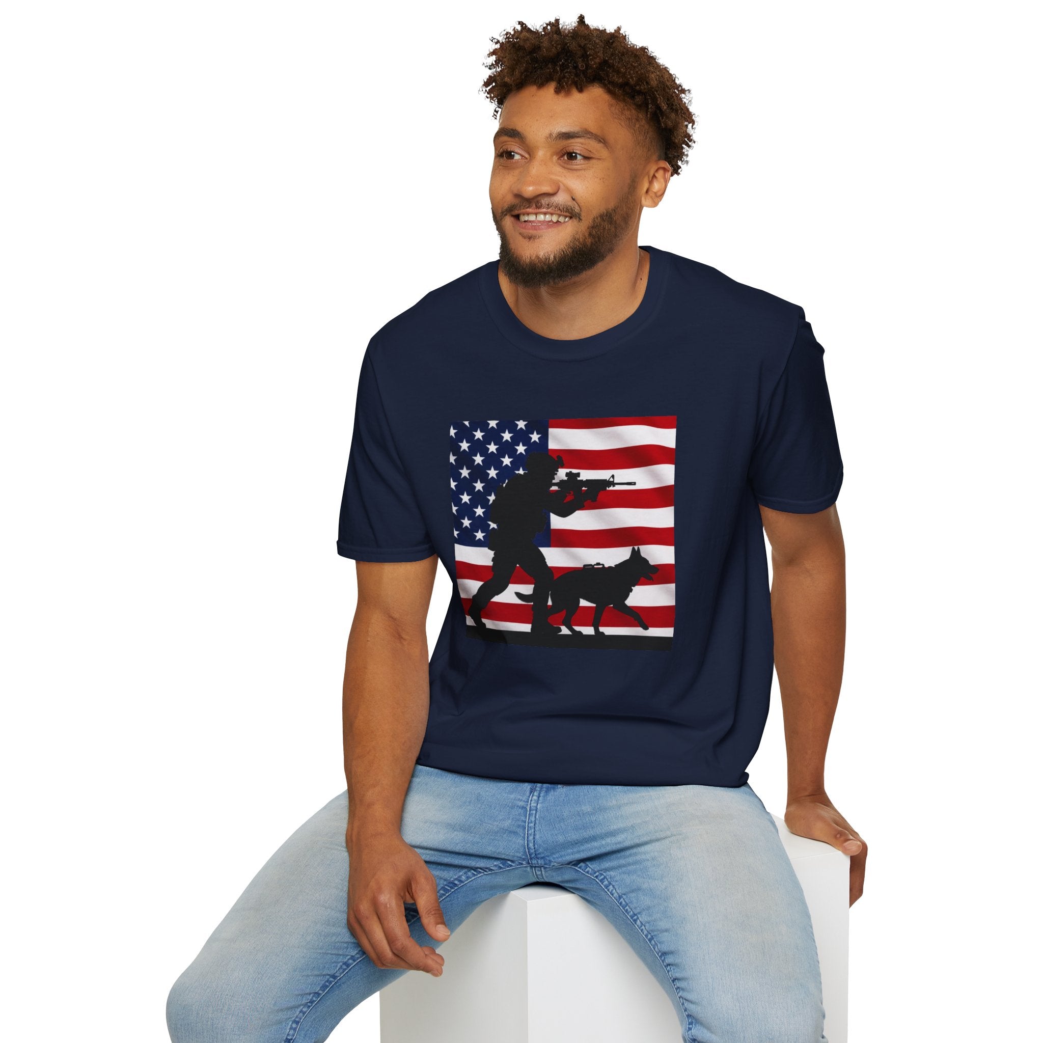 Patriotic K9 Handler T-Shirt — American Flag Soldier with Dog Graphic
