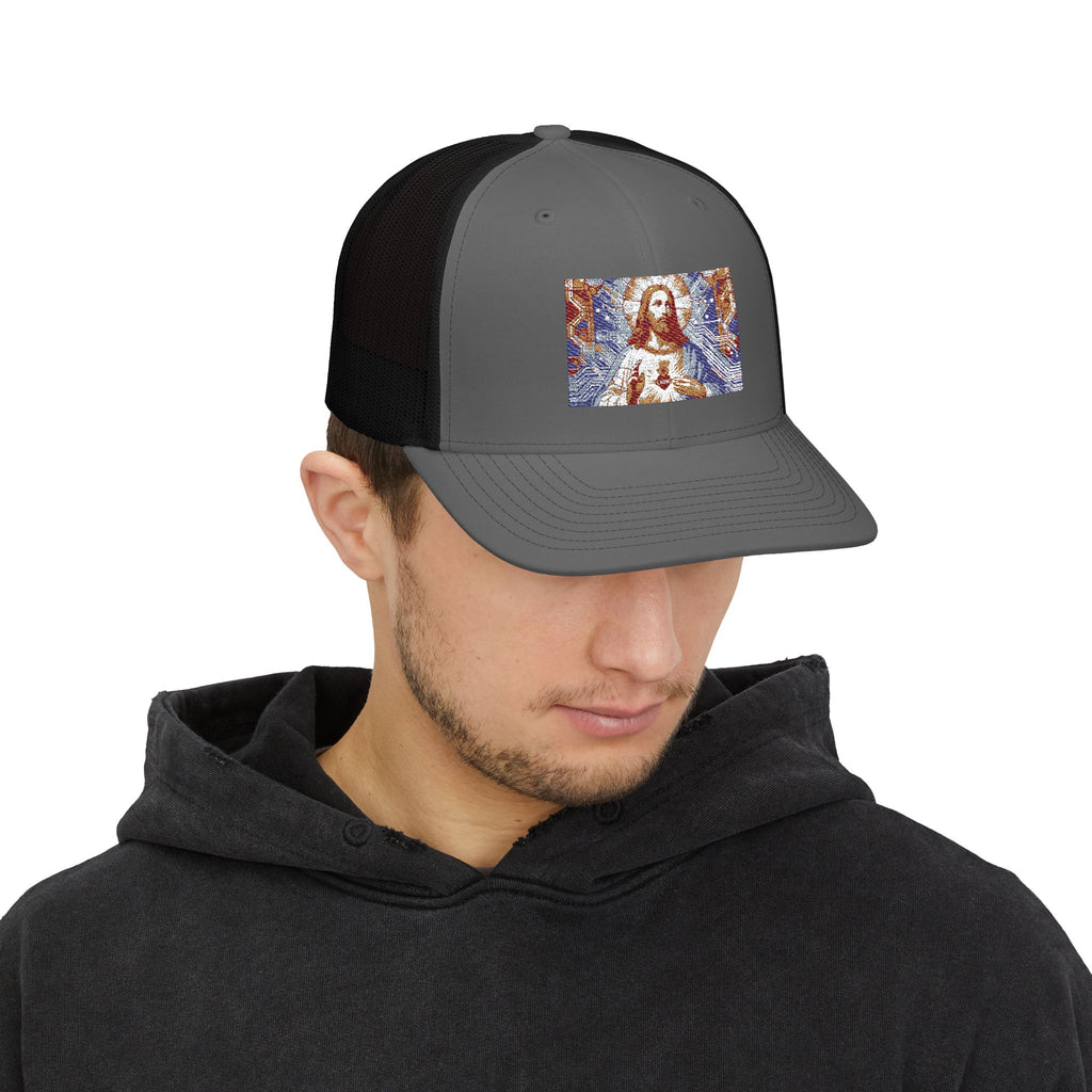 Religious Trucker Cap — Mosaic Sacred Heart Patch Snapback