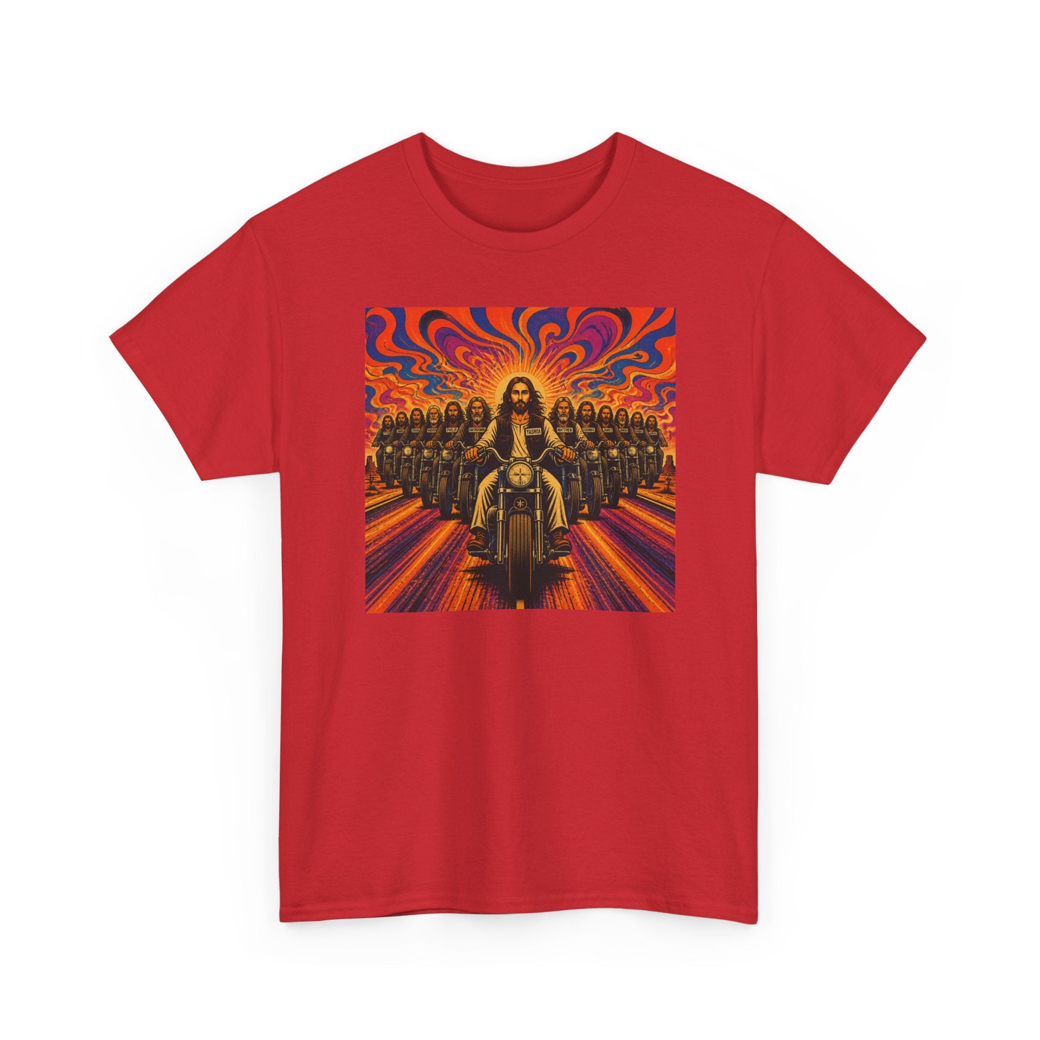 Psychedelic Yashua/Jesus Biker Crew T-Shirt — Retro Jesus Motorcycle Rider Graphic Tee
