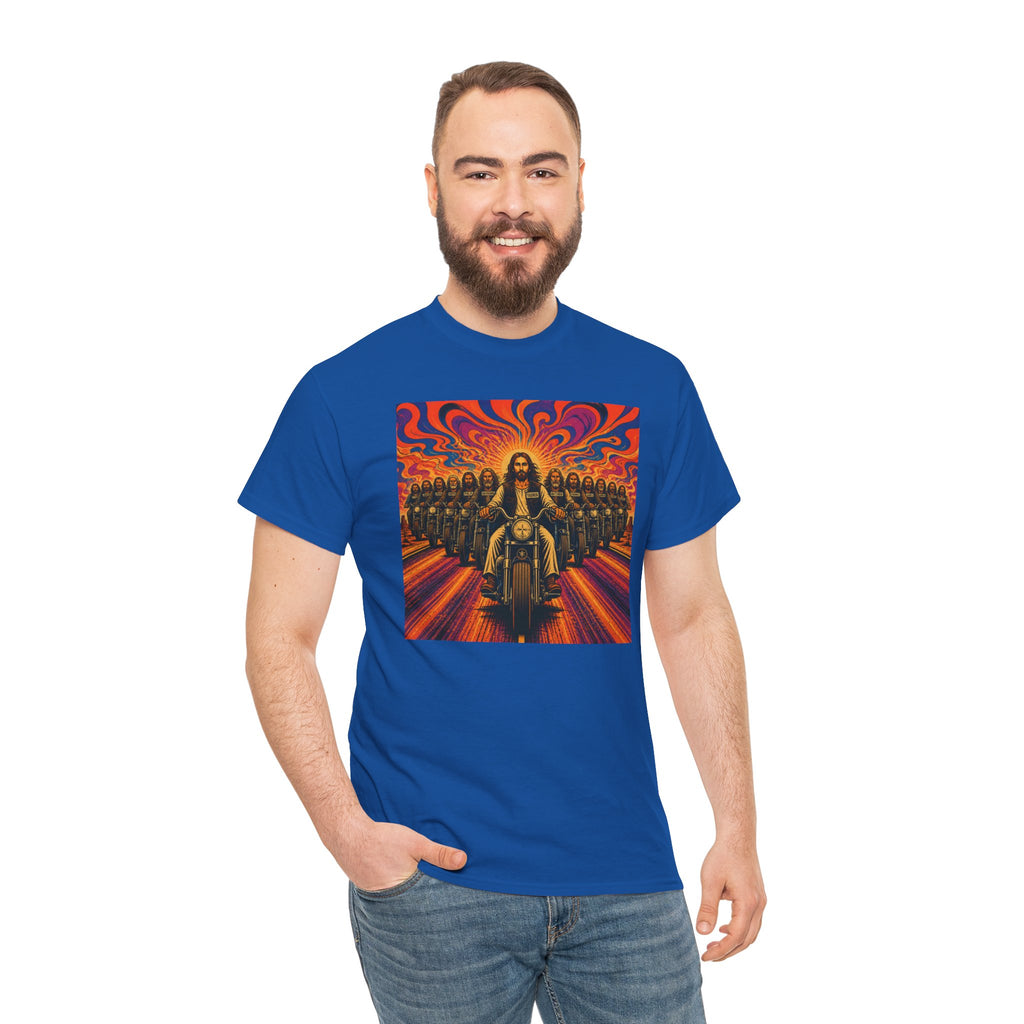 Psychedelic Yashua/Jesus Biker Crew T-Shirt — Retro Jesus Motorcycle Rider Graphic Tee