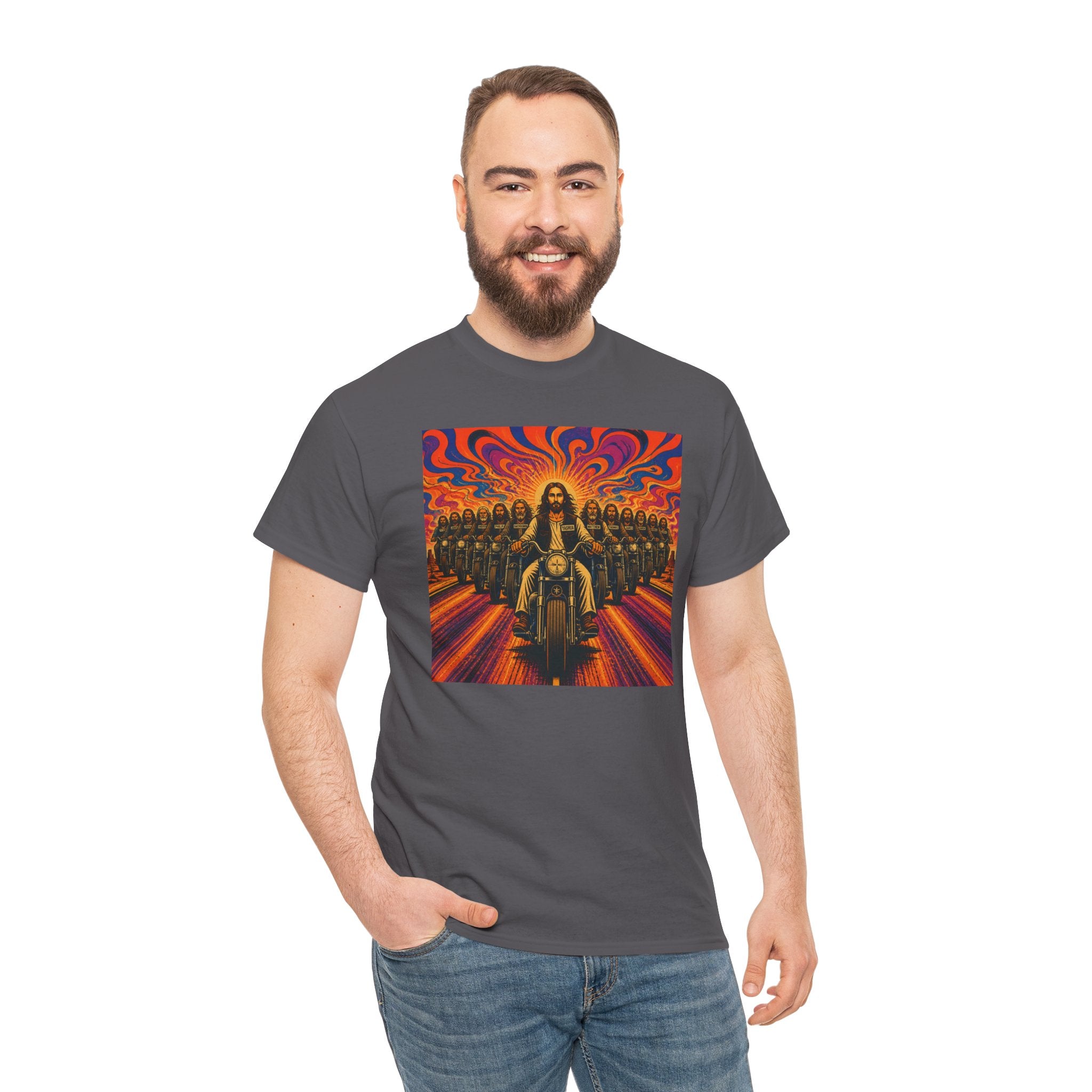 Psychedelic Yashua/Jesus Biker Crew T-Shirt — Retro Jesus Motorcycle Rider Graphic Tee