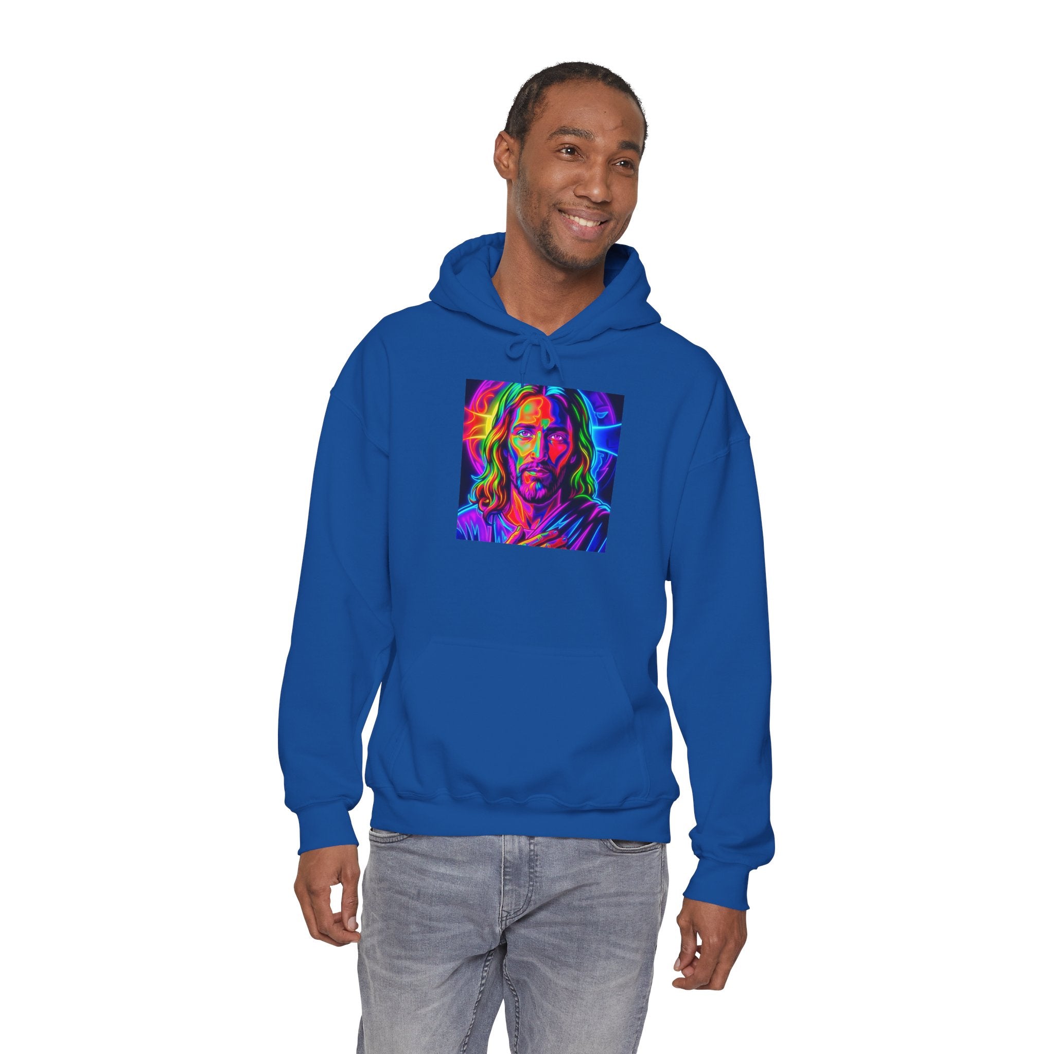 Psychedelic Jesus Portrait Hoodie — Vibrant Rainbow Christian Graphic Sweatshirt