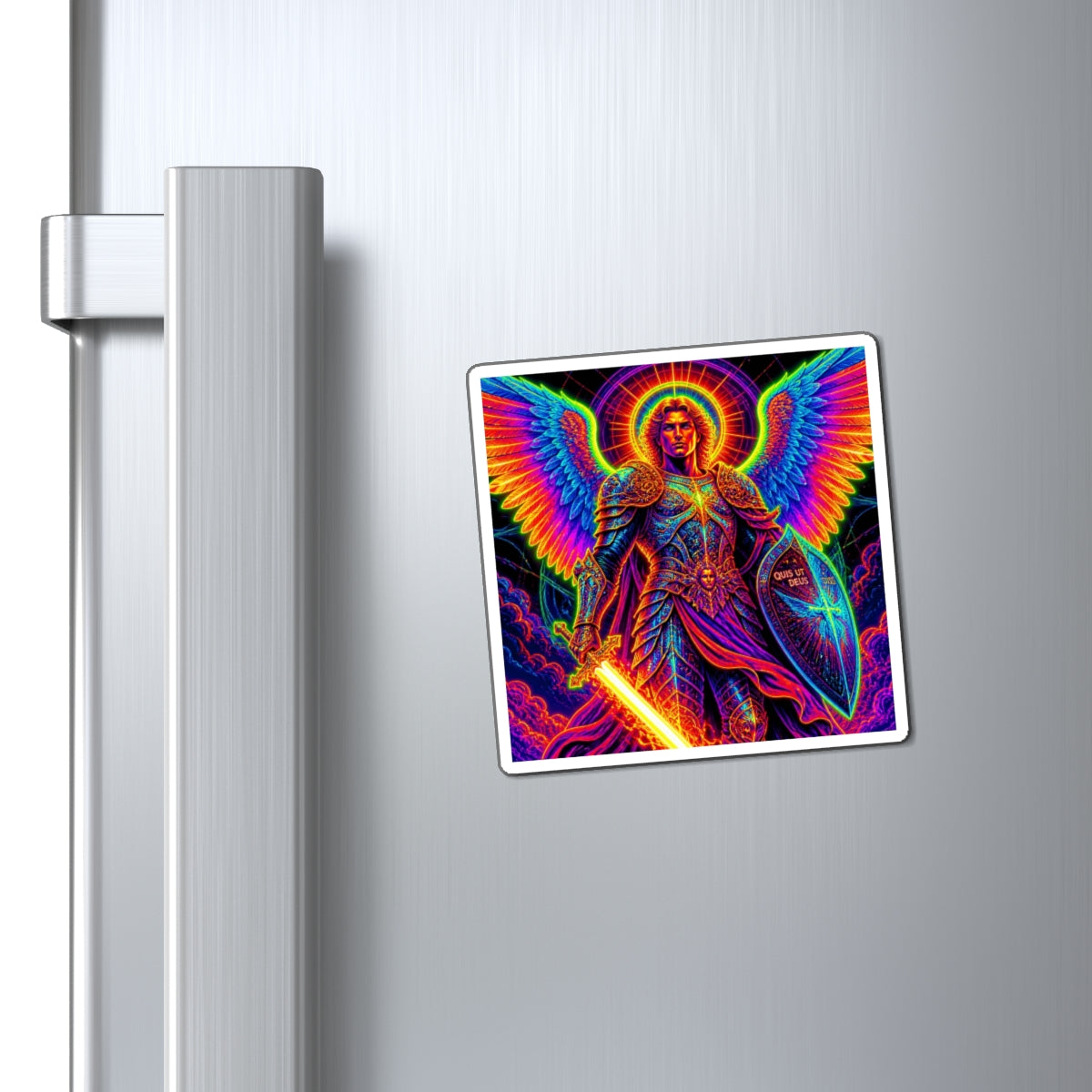 Neon Archangel Magnet — Rainbow Saint Michael with Sword & Shield