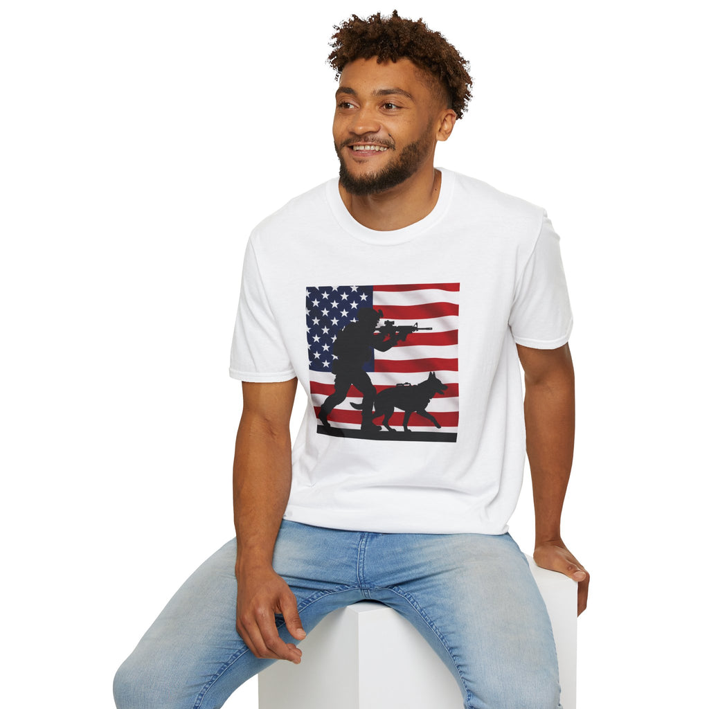 Patriotic K9 Handler T-Shirt — American Flag Soldier with Dog Graphic