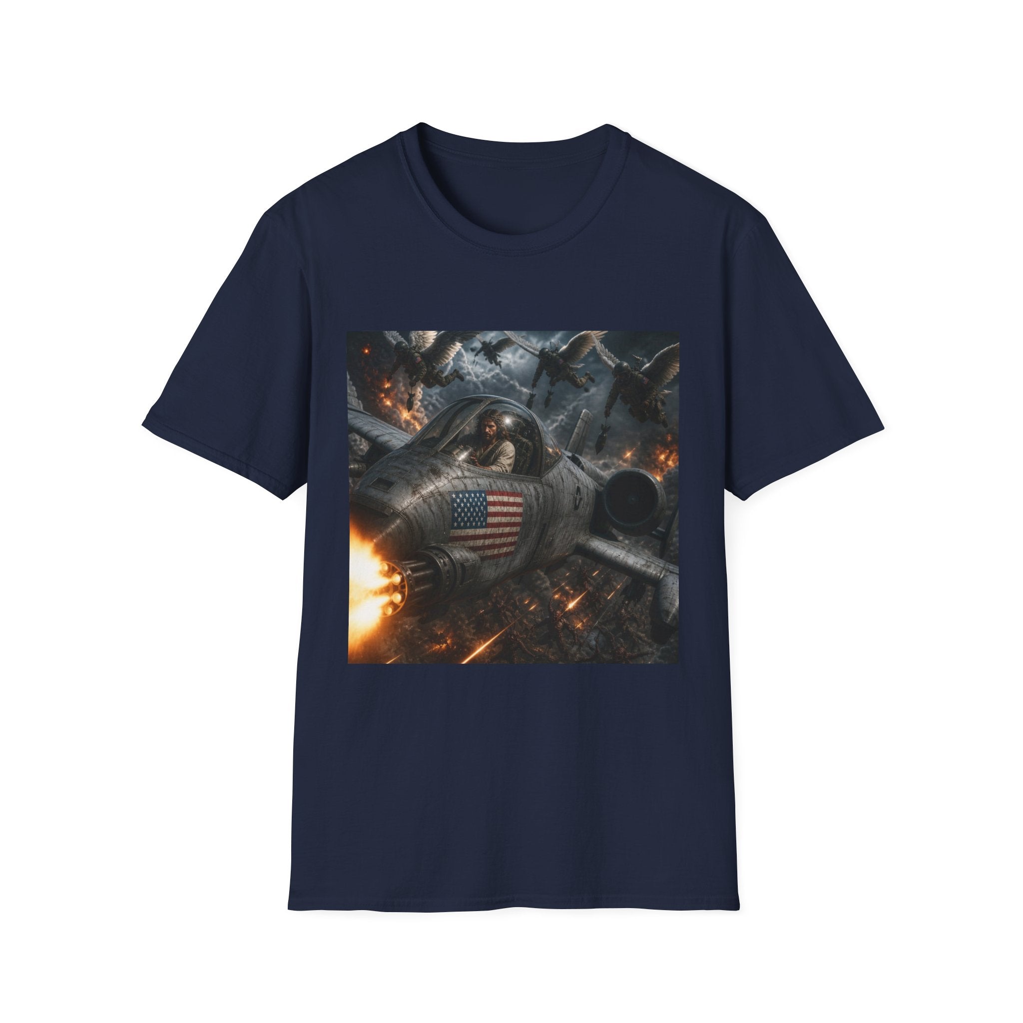 Jesus Military Pilot T‑Shirt — Vintage Jetfighter Scene with American Flag